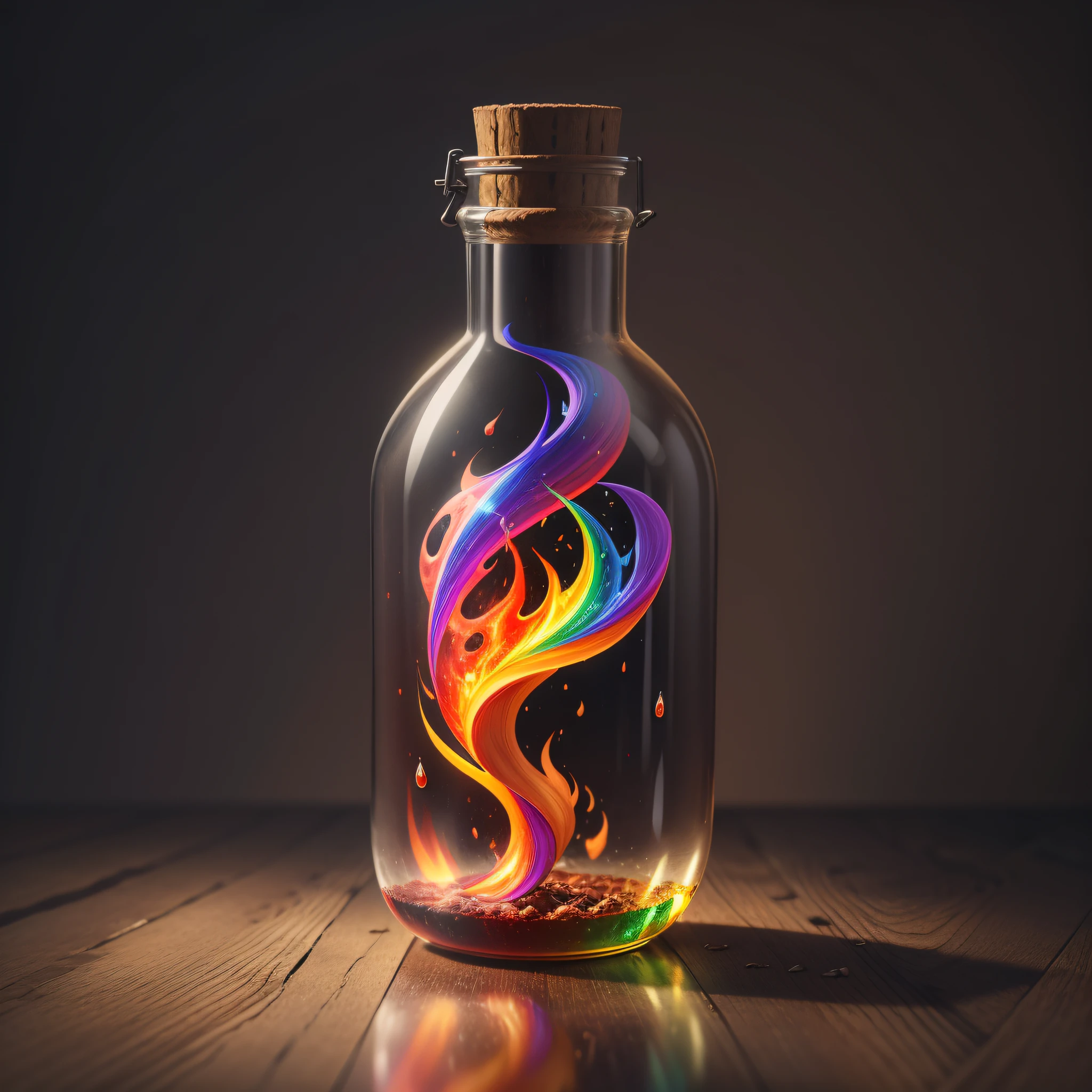 rainbow flame trapped in a usual glass bottle, 8k , detailed, high quality ,flawless, masterpiece