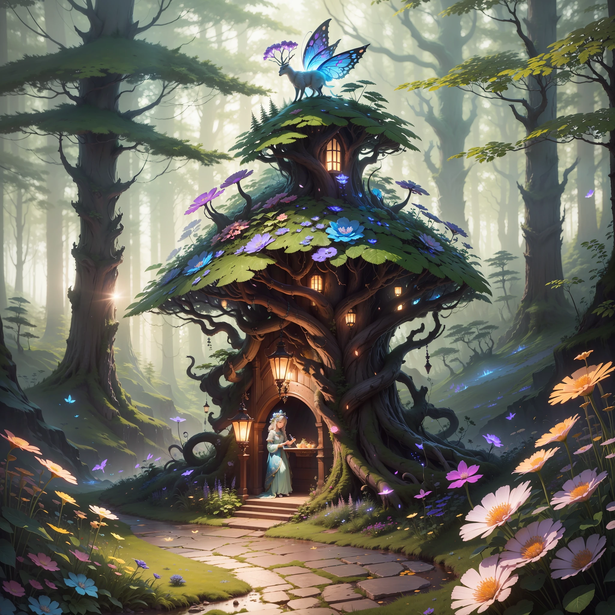 masterpiece, best quality, high quality,extremely detailed CG unity 8k wallpaper, An enchanting and dreamy scene of a fantasy forest, with towering trees, glowing mushrooms, and hidden fairy glens, creating a sense of mystique and enchantment, artstation, digital illustration, intricate, trending, pastel colors, oil paiting, award winning photography, Bokeh, Depth of Field, HDR, bloom, Chromatic Aberration ,Photorealistic,extremely detailed, trending on artstation, trending on CGsociety, Intricate, High Detail, dramatic, art by midjourney --auto --s2