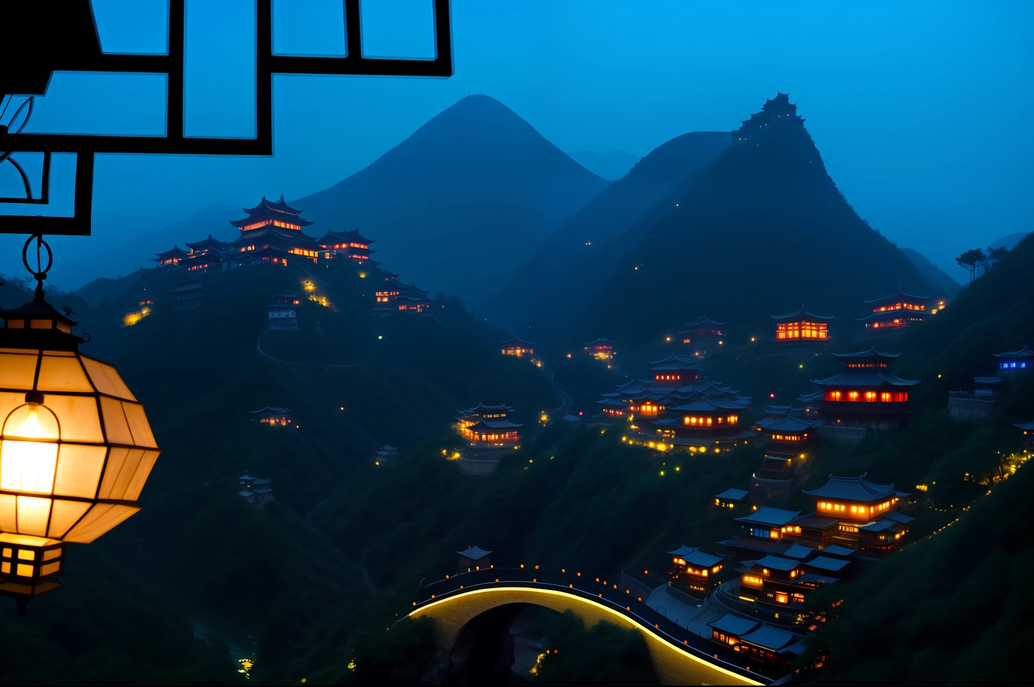 there is a view of a mountain with a bridge and a lantern, dreamy chinese town, like jiufen, sha xi, chinese village, zhangjiajie in early morning, night setting, ancient chinese architecture, pagodas on hills, cyberpunk chinese ancient castle, the taoist temples of huangshan, by Yang Borun, beautiful low light