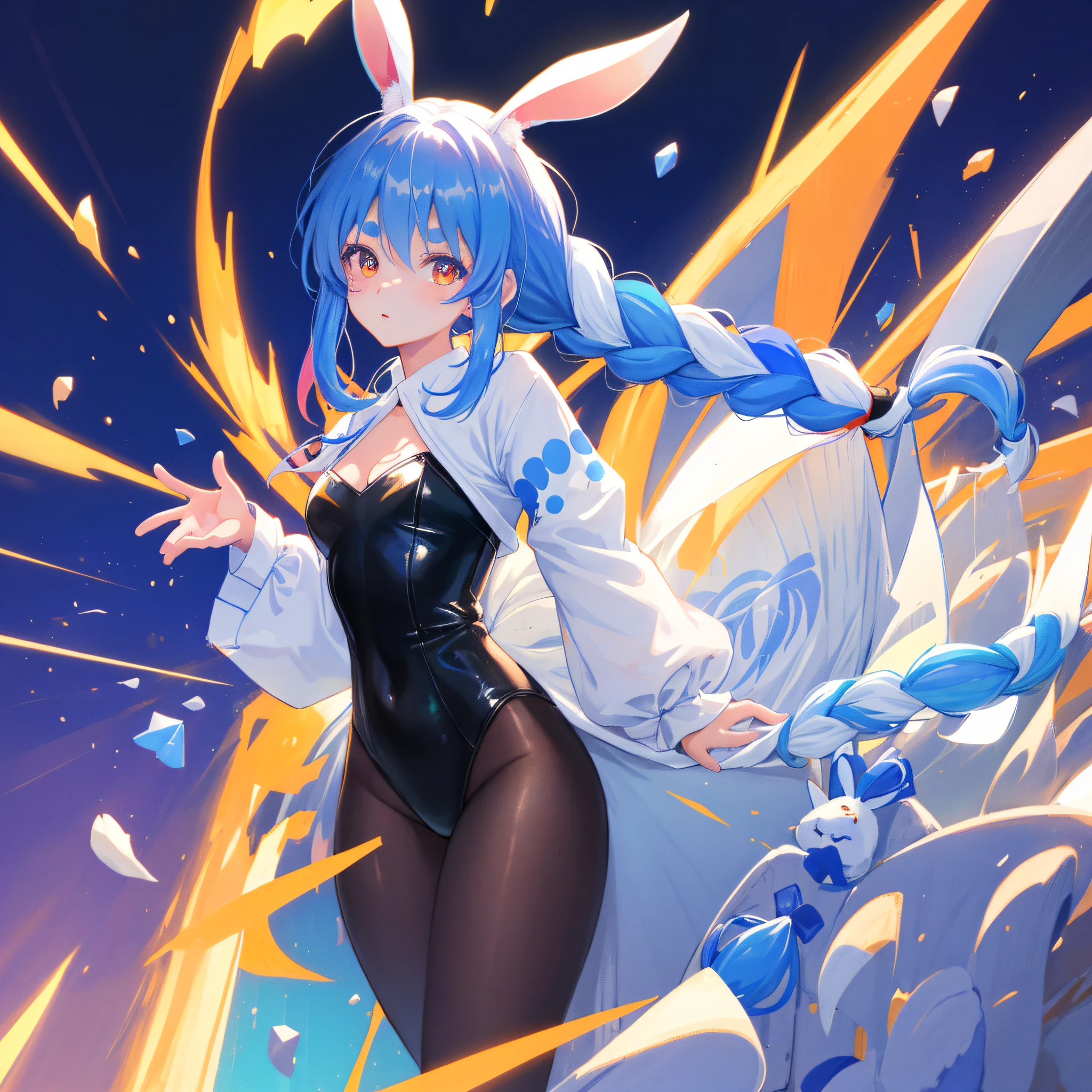 (人物: Usada Pekora), bunny girl, blue hair, twin braids, a girl, solo, {{masterpiece}}, best quality, extremely detailed CG unity 8k wallpaper, cinematic lighting, lens flare, beautiful detail eyes, side glance, colorful light, particles, (colorful:1.5),