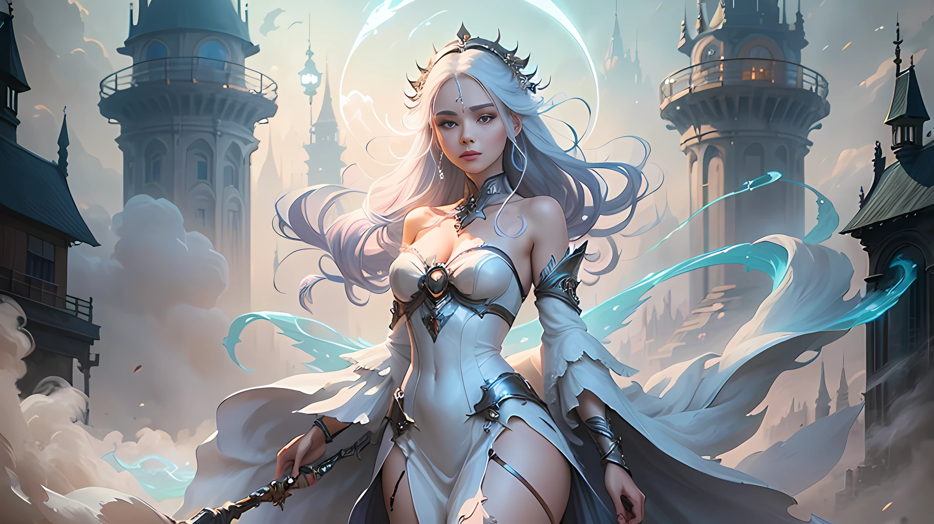a woman in a white dress is standing in smoke, fantasy art style, digital art fantasy, digital art fantasy art, fantasy woman, ethereal fantasy, moody misty fantasy art, digital 2d fantasy art, guweiz, digital fantasy art ), trending digital fantasy art, fantasy digital art, anime fantasy illustration, art cover, beautiful fantasy art, beautiful character painting --auto --s2