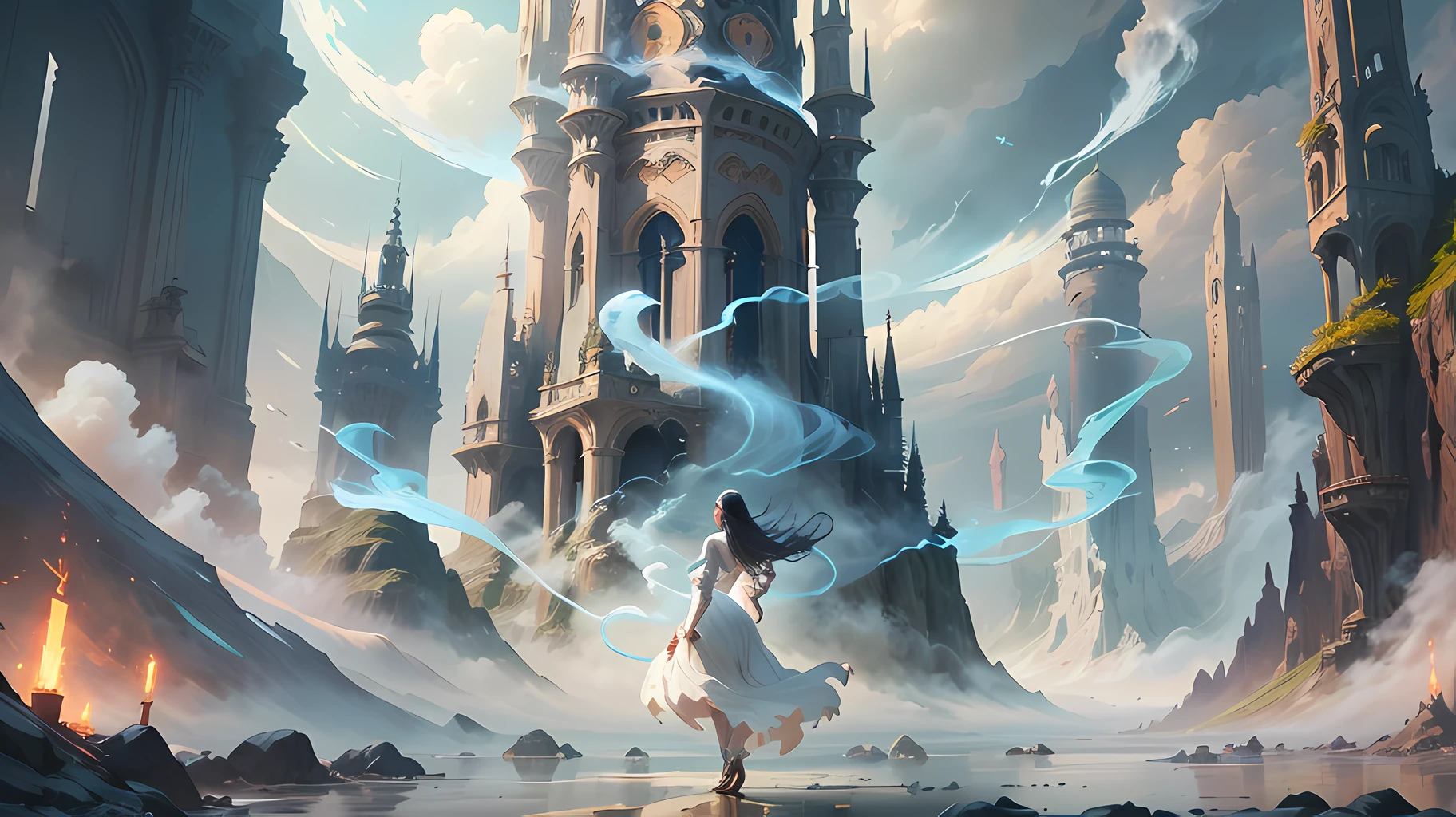 a woman in a white dress is standing in smoke, fantasy art style, digital art fantasy, digital art fantasy art, fantasy woman, ethereal fantasy, moody misty fantasy art, digital 2d fantasy art, guweiz, digital fantasy art ), trending digital fantasy art, fantasy digital art, anime fantasy illustration, art cover, beautiful fantasy art, beautiful character painting --auto --s2