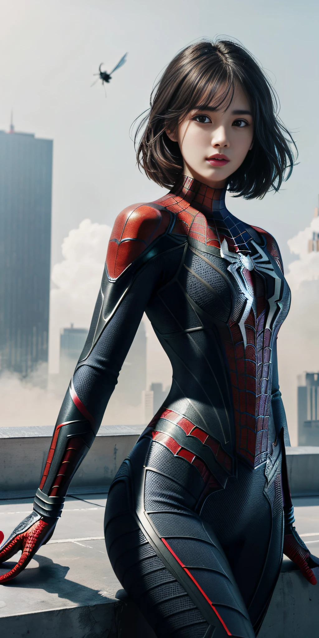 (1girl:1.3), Solo, (((Very detailed face)))), ((Very detailed eyes and face)))), Beautiful detail eyes, Body parts__, Official art, Unified 8k wallpaper, Super detailed, beautiful and beautiful, beautiful, masterpiece, best quality, original, masterpiece, super fine photo, best quality, super high resolution, realistic realism, sunlight, full body portrait, amazing beauty, dynamic pose, delicate face, vibrant eyes, (from the front), She wears Spider-Man suit, red and black color scheme, spider, very detailed city roof background, rooftop, overlooking the city, detailed face, detailed complex busy background, messy, gorgeous, milky white, highly detailed skin, realistic skin details, visible pores, clear focus, volumetric fog, 8k uhd, DSLR, high quality, film grain, fair skin, photo realism, lomography, futuristic dystopian megalopolis, translucent