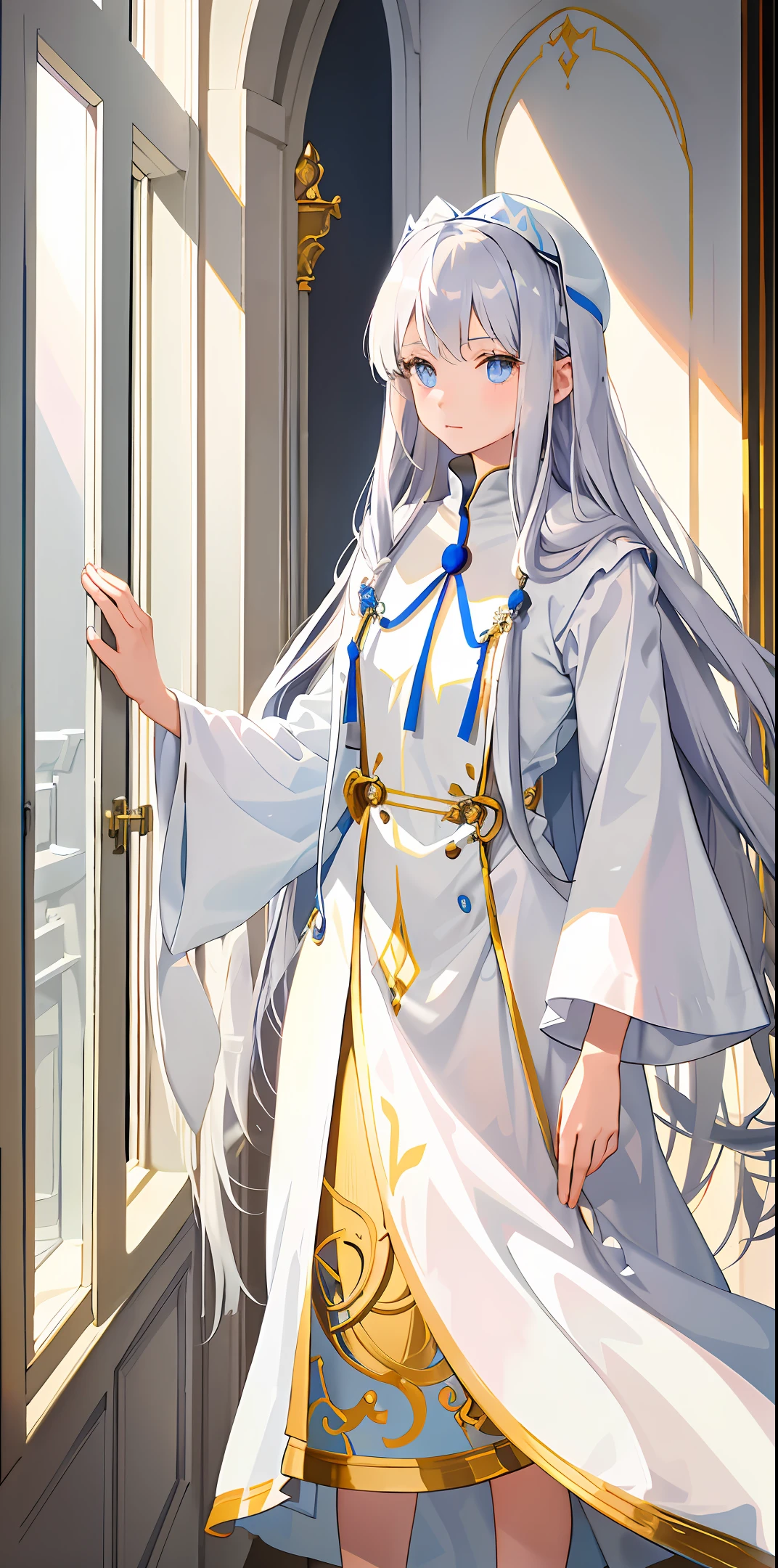 A young girl in a delicate priest's uniform stood in front of the door, her flowing silver hair hanging behind her covered with a faint glow in the sun, the white soft hat slightly covered her upper face, the soft face looked a little expressionless and cold, and the golden lines spread in a mysterious posture on the pure white robe skirt