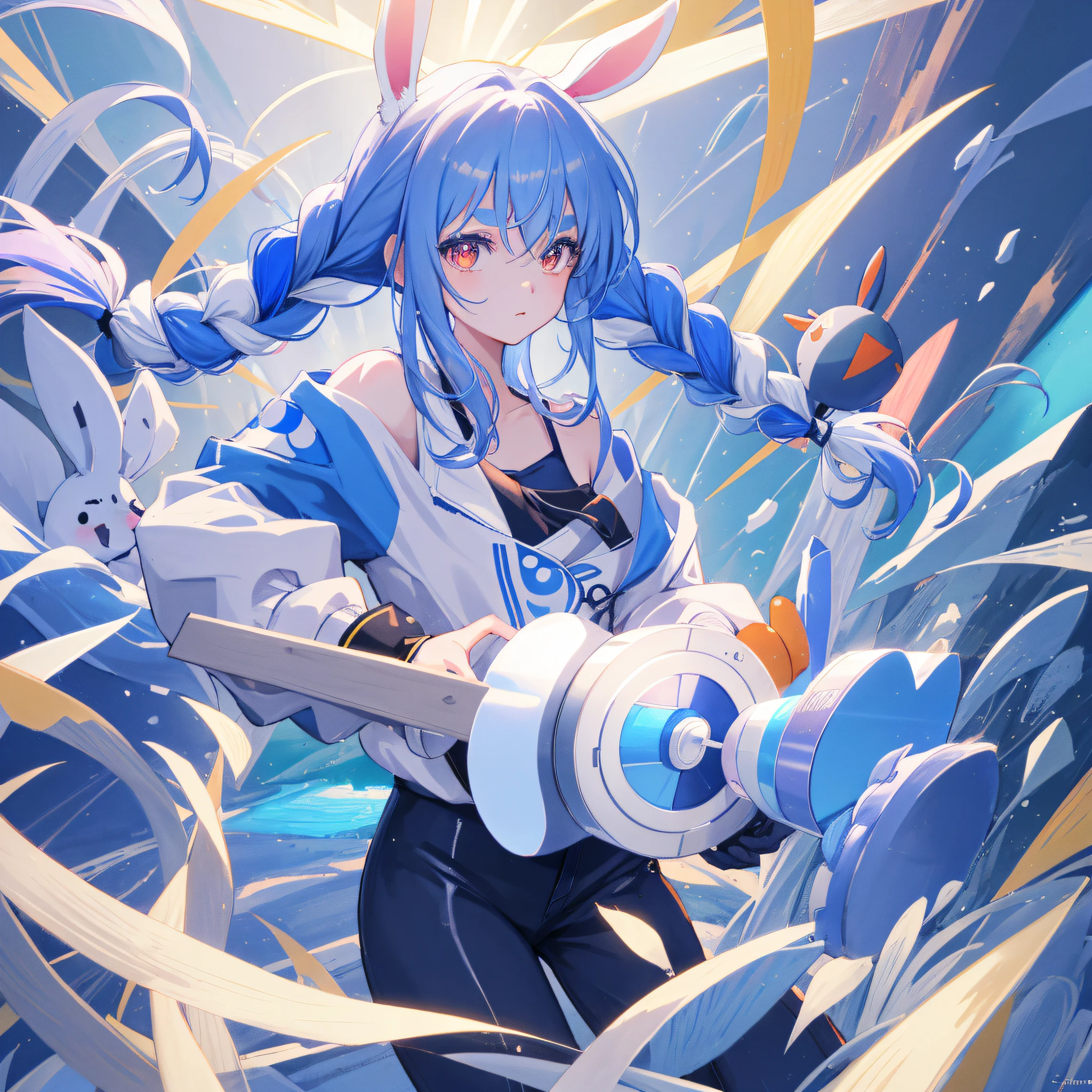 (人物: Usada Pekora), bunny girl, blue hair, twin braids, a girl, solo, {{masterpiece}}, best quality, extremely detailed CG unity 8k wallpaper, cinematic lighting, lens flare, beautiful detail eyes, side glance, colorful light, particles,