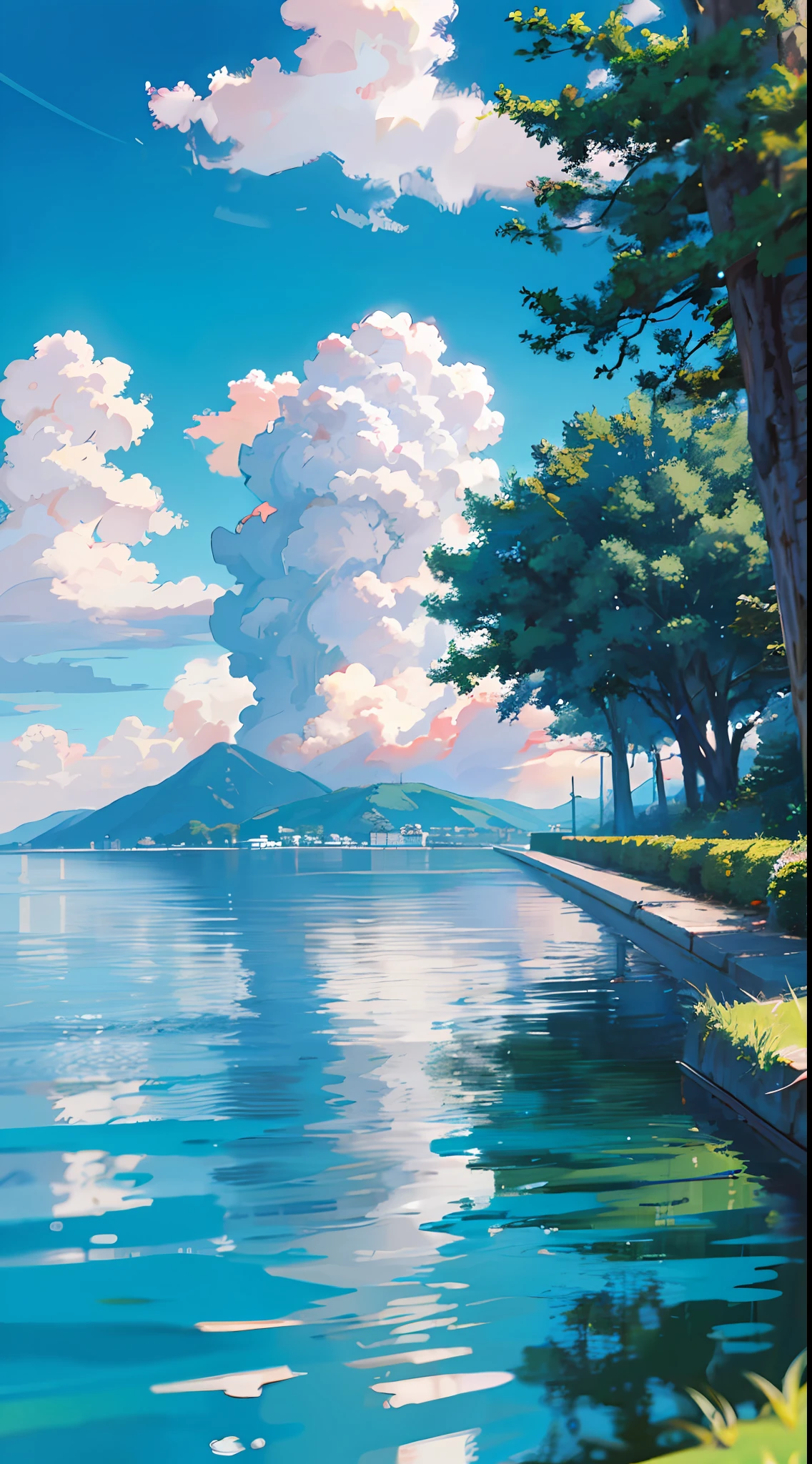 no humans, scenery, vanishing point, from below, masterpiece, best quality, 8k, absurdres, water surface, summer, noon, sunlight, blue sky, perspective, depth of field, highres, finely detail, ultra-detailed, sharp focus
