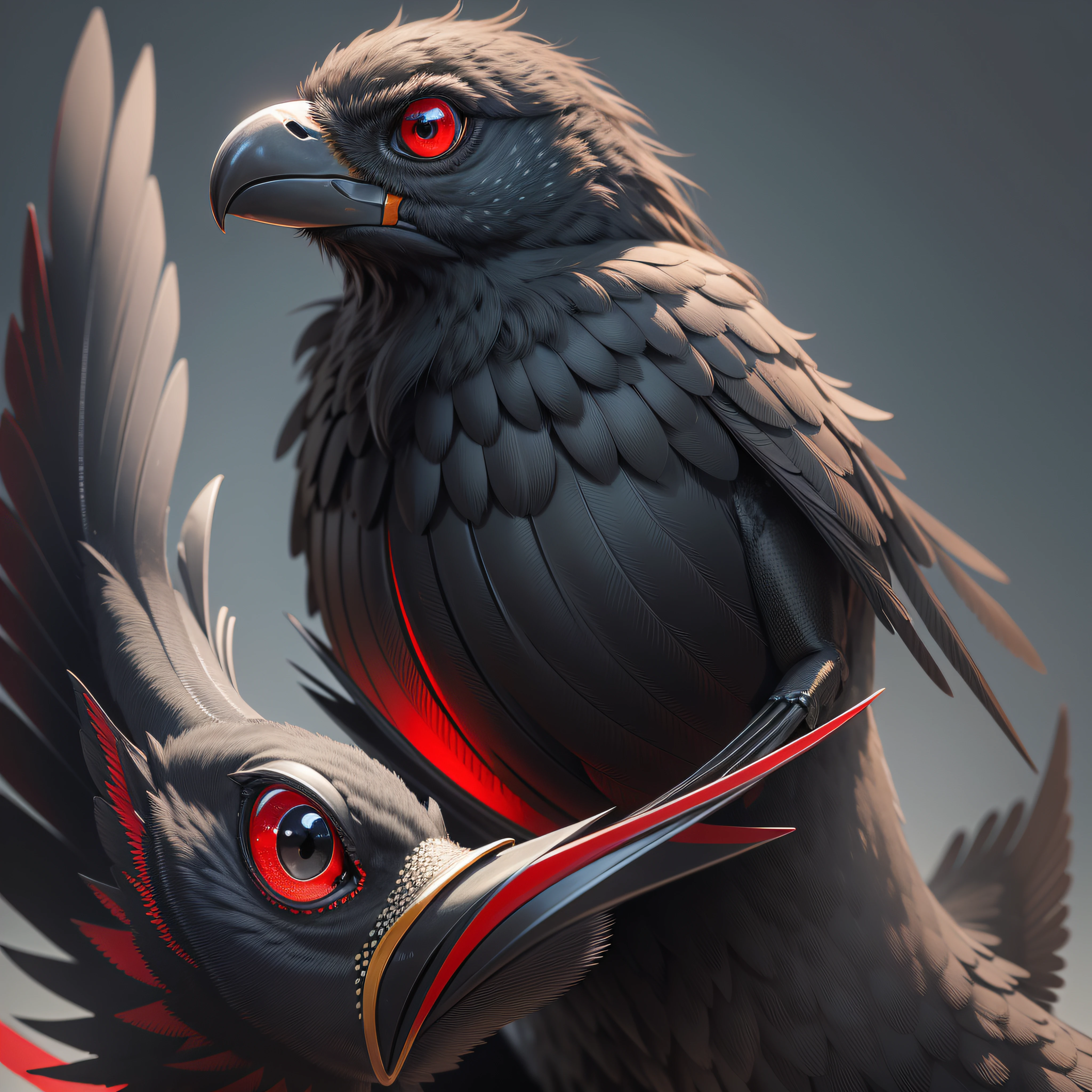 A closeup of a black bird with red eyes and a black background, long and thick shiny black beak, big red eyes!!!, big red eyes, big totally black eyes, big entirely, red eyes, red - eyes, masterpiece, best quality, ultra detailed, hyper realistic, highly detailed CG illustration, photorealistic