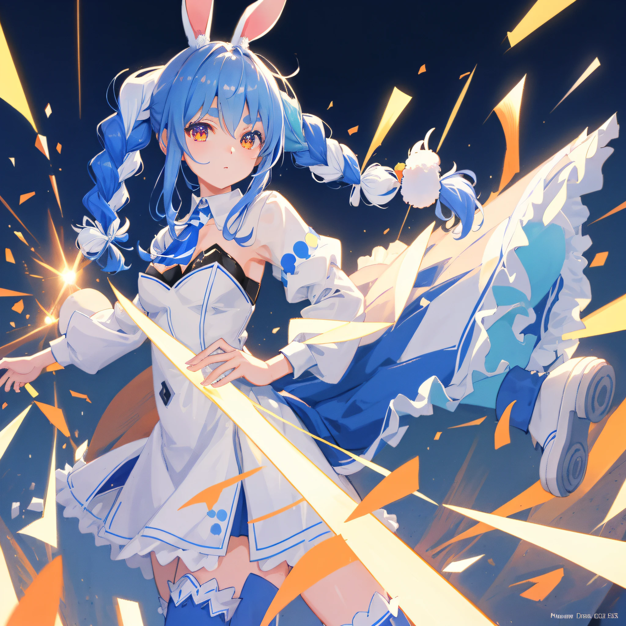 (人物: Usada Pekora), bunny girl, blue hair, twin braids, a girl, solo, {{masterpiece}}, best quality, extremely detailed CG unity 8k wallpaper, cinematic lighting, lens flare, beautiful detail eyes, side glance, colorful light, particles,