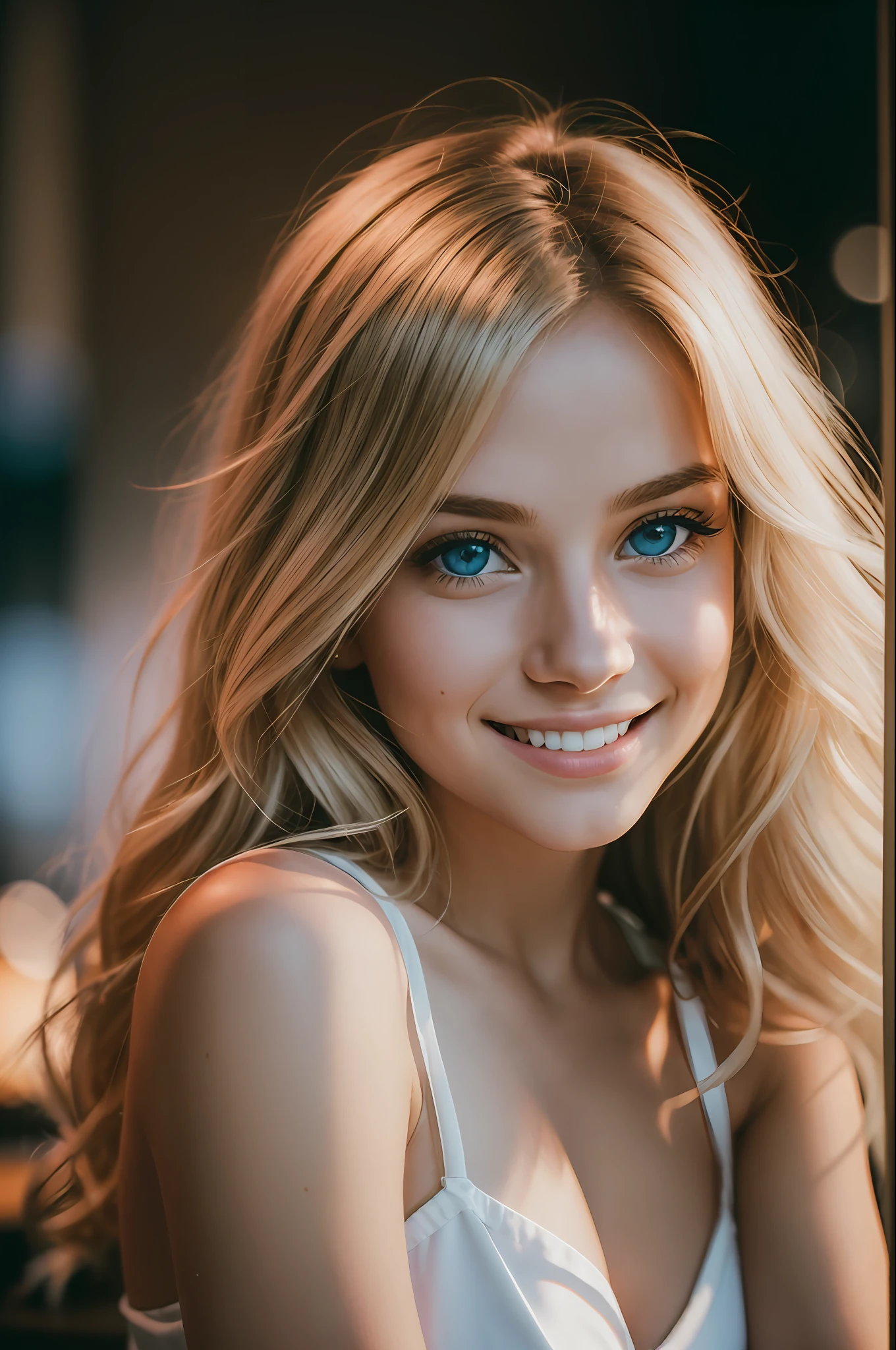 /imagine prompt: 150
cute beautiful blonde wearing a tight white evening dress (sitting inside a modern restaurant at night), very detailed, 21 years old, innocent face, natural wave hair, blue eyes, high-res, masterpiece, best quality, intricate details, highly detailed, sharp focus, detailed skin, realistic skin texture, texture, detailed eyes, professional, 4k, charmer smile, shot on Canon, 85mm,shallow depth of field, Kodak vision color, perfect fit body, extremely detailed, photo_\(ultra\), photorealistic, realistic, post-processing, max detail, roughness, real life, ultra realistic, photorealism, photography, 8k uhd, photography (film grain) medium shot to close up shot happy smiling atmospheric dark lighting --auto --s2