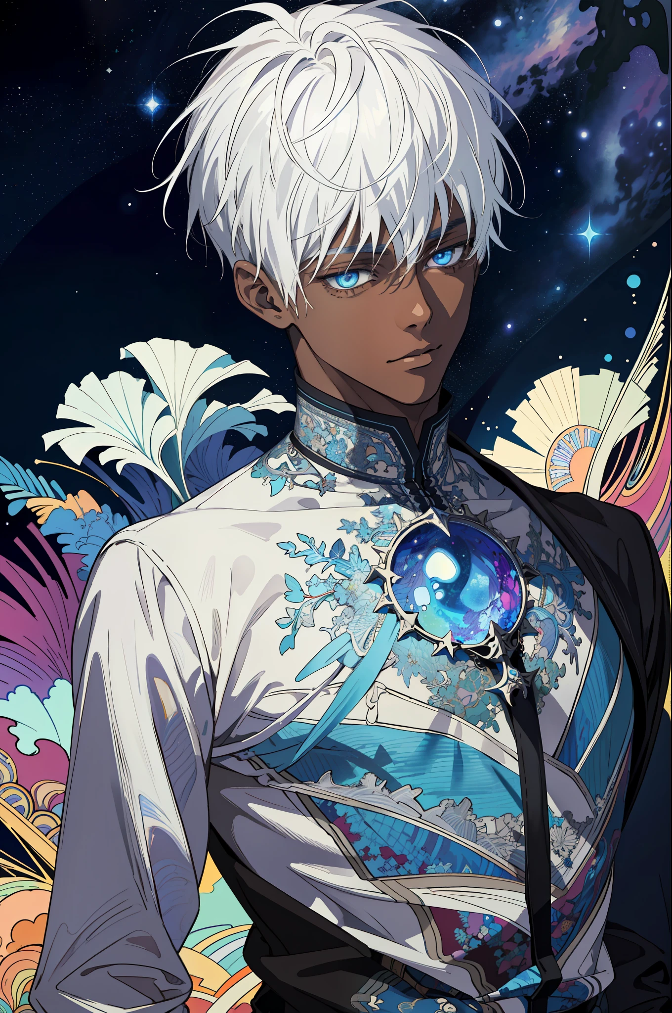 Realistic, (Masterpiece, Top Quality, Best Quality, Official Art, Beauty and Aesthetics: 1.2), Very Detailed, Fractal Art, Colorful, Most Detailed, Zentangle, (Abstract Background: 1.5) (1boy: 1.3), Black Skin, White Hair, Glowing Eyes, Blue Eyes, Pectoral Muscles, Mysterious, Surrounded by Stars, Magic