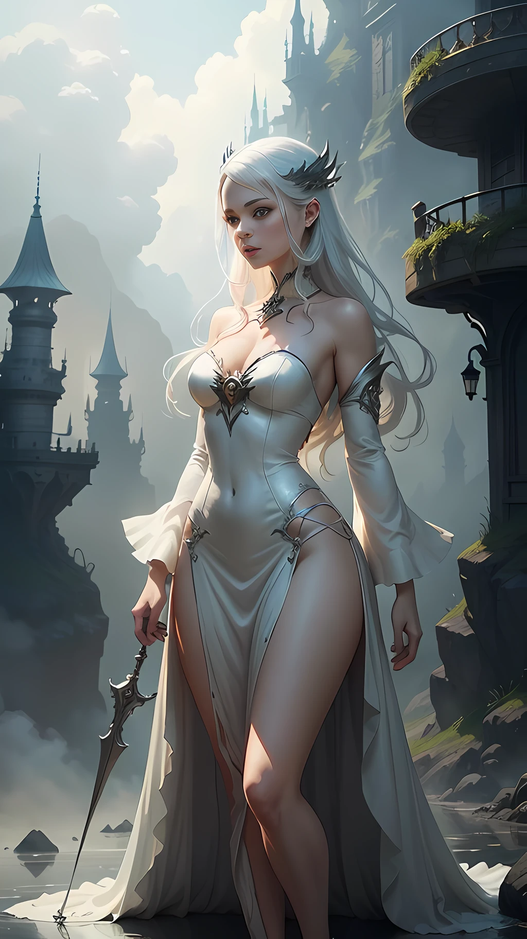 a woman in a white dress is standing in smoke, fantasy art style, digital art fantasy, digital art fantasy art, fantasy woman, ethereal fantasy, moody misty fantasy art, digital 2d fantasy art, guweiz, digital fantasy art ), trending digital fantasy art, fantasy digital art, anime fantasy illustration, art cover, beautiful fantasy art, beautiful character painting