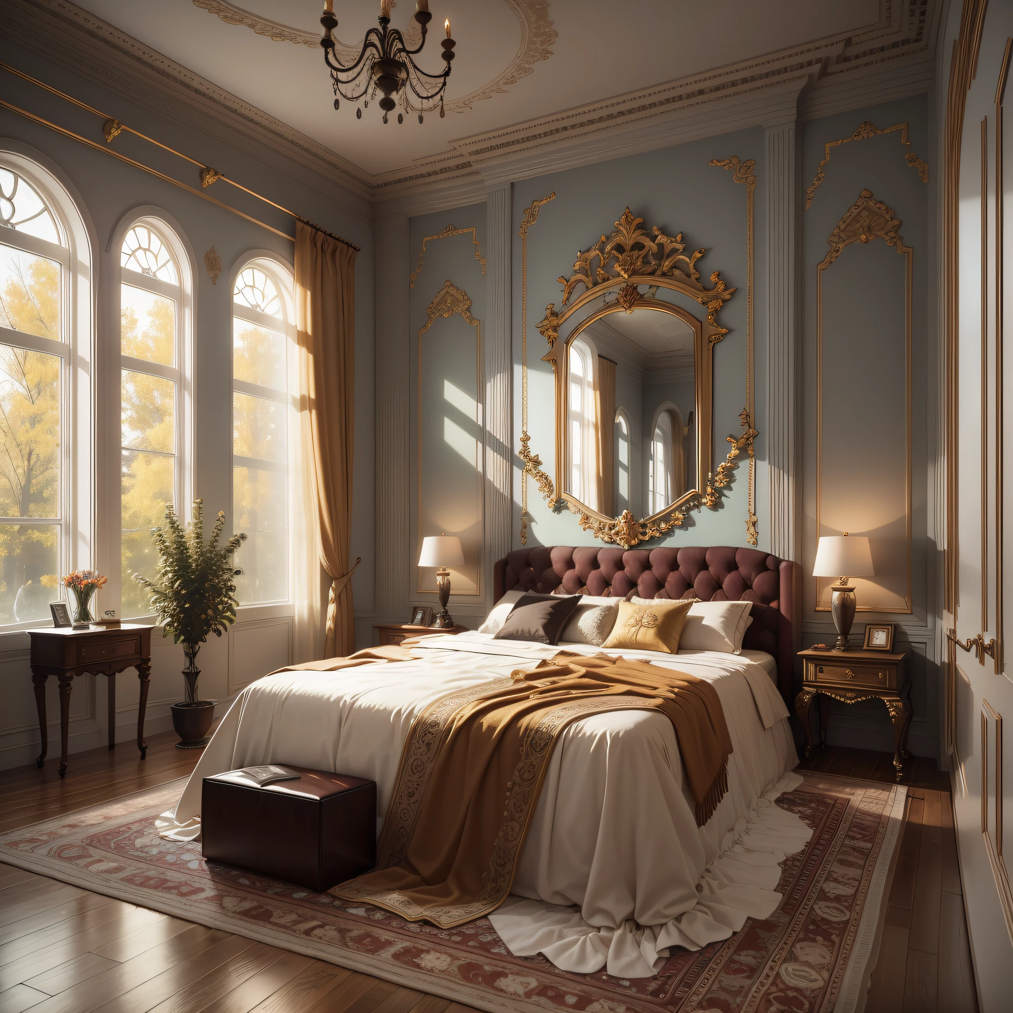 Russian-style bedroom with a soft bed, a coffee table, bedside tables, vases, hanging paintings, dressing table, square glass windows, wooden furniture, wardrobes, intricate carvings, and oil paintings. Warm colors, award-winning masterpieces with incredible detail, large windows