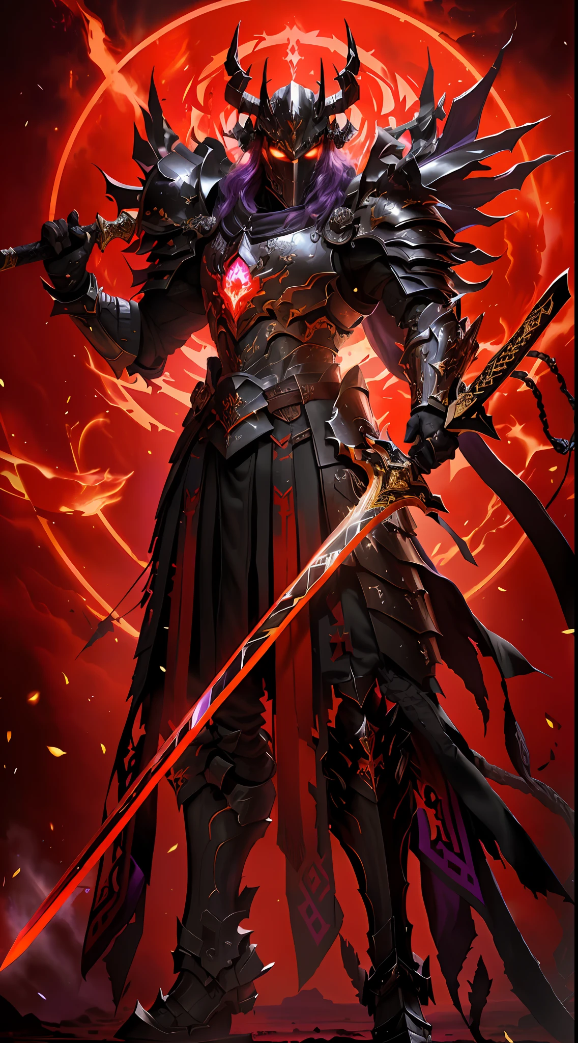 Close-up of a man holding a sword and armor, purple armor, black purple armor, purple demon armor, black fire reflective armor, demon warrior, blood knight, heavy armor and sword god of war, dragon knight, demon warrior, black and purple reflective armor, ruler of hell, Yang J, purple armor, king of cinder