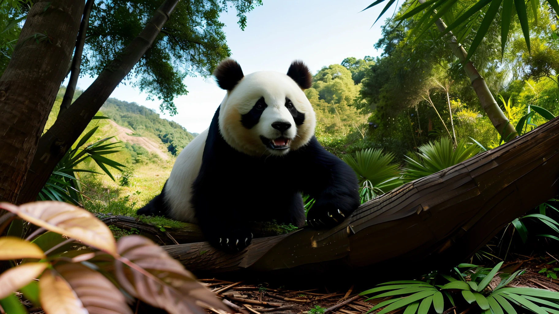 Photograph of a panda eating bamboo in a forest with other pandas (good composition), (in frame), centered, 8k, 4k, detailed, attractive, beautiful, impressive, photorealistic, realistic, cinematic composition, volumetric lighting, high-resolution, vivid, detailed, stunning, professional, lifelike, crisp, flawless, DSLR, 4k, 8k, 16k, 1024, 2048, 4096, detailed, sharp, best quality, high quality, highres, absurdres