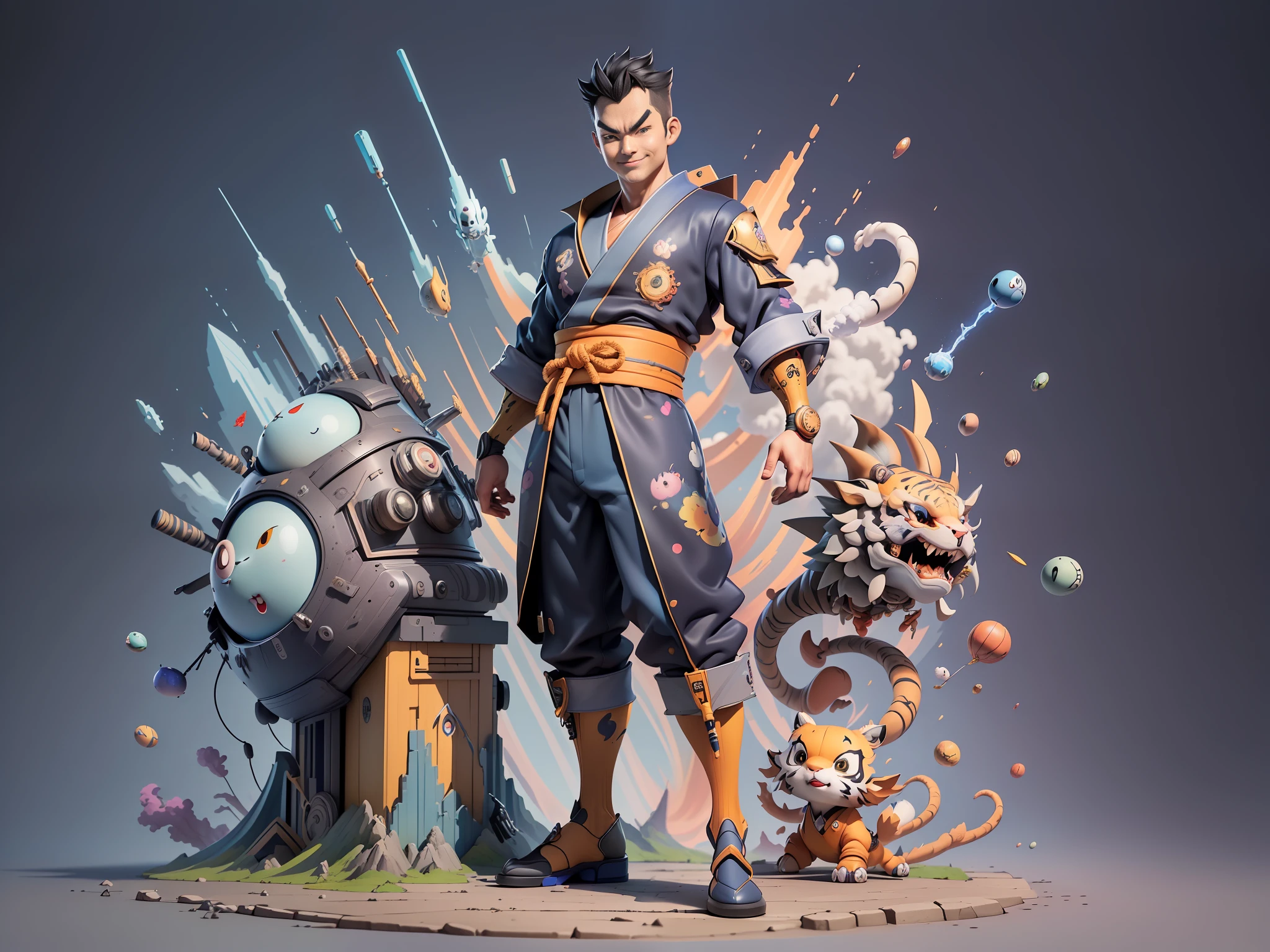 ((Masterpiece), (Excellent), (Super Meticulous), (Full Body: 1.2), Super Young Man, Oriental Face, Japanese Kimono, Japanese Wind Thunder God, Dragon, Tiger, TV Anchor, Bust Portrait Illustration, Alone, Black Suit, Blue Tie, Slightly Chubby, Very Clean Face, No Beard, Black Super Short Hair, Black Eyes, Confident Smile, 3c Computer Sub-Products, iPad, iPhone, Digital Painting, 3D Character Design by Akira Toriyama and Mark Claireden and Pixar and Hayao Miyazaki, The illustration is a high-definition illustration in 4K resolution with very detailed facial features and cartoon-style visuals.