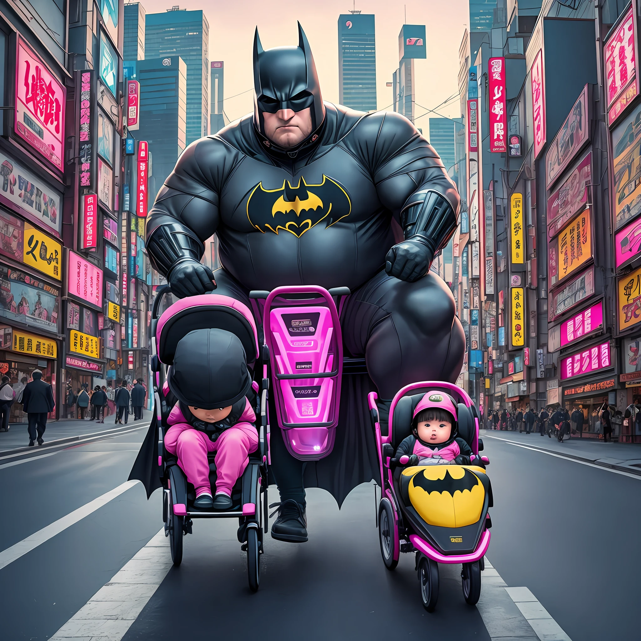 Real, 4K, cyberpunk, in bustling downtown Japan, fat man in Flash suit, Batman hat, riding pink children's tricycle