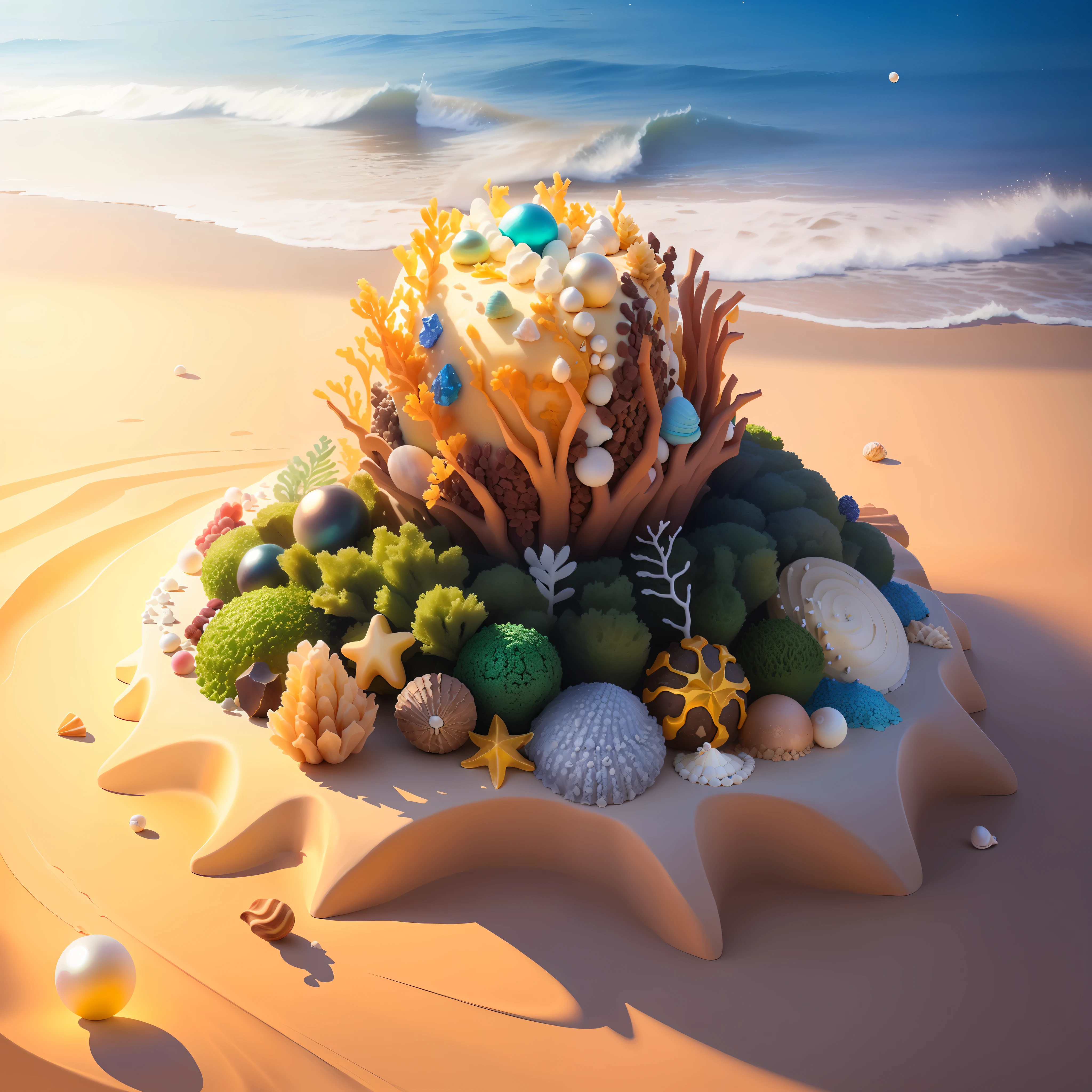 Cakes, cakes made of grains of sand, marble, precious stones, leaves and pearls with shells and seaweed
