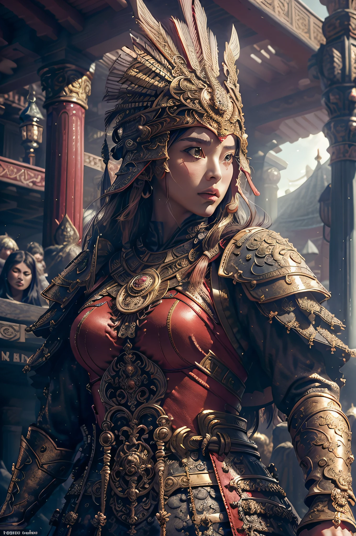 ((Masterpiece))), ((Best Quality)), ((Ultra Detailed)), (Surreal), (Highly Detailed CG Illustration), Cinematic Light, Realistic, Very Beautiful Young Lady, Sexy, Big Breasts, Light Makeup,, Intricate Details EABA, Red Cloak, Spear