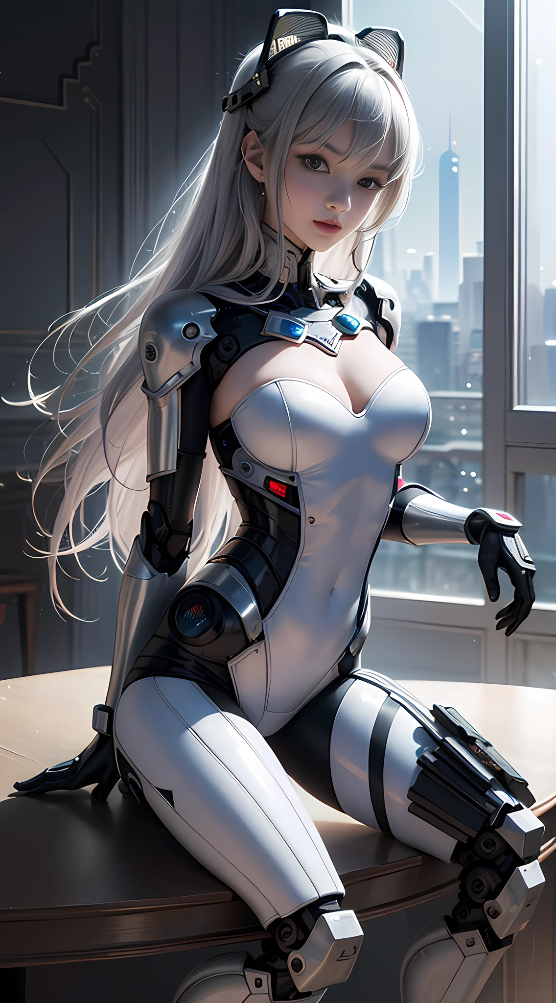 Realism, a woman in white lace (lace, full robot suit: 1.55) (sitting table: 1.5) (body turn to viewer: 1.2), (head to left: 1.8), (cross legs: 1.4), gray hair, cyborg, robot parts, beautiful and detailed body and face, sakimichan hdri, amouranth, beautiful and detailed orixa, 2049, chiaki nanami, african futuristic, made in maya, sam yang, 2070, cyborg, robot part, 150mm, beautiful studio soft light, edge light, vibrant details, luxurious cyberpunk, lace, surrealism, anatomy, facial muscles, cable wire, microchip, elegant, beautiful background, octane rendering, 8k, best quality, masterpiece, illustration, very refined and beautiful, very detailed, CG, unified, wallpaper, (realistic, Realism: 1.37), stunning, fine details, masterpiece, best quality, official art, very detailed CG unified 8k wallpaper, ridiculous, incredibly ridiculous, robot, silver helmet, (full body: 1.4), sitting, (nsfw: 1.2),