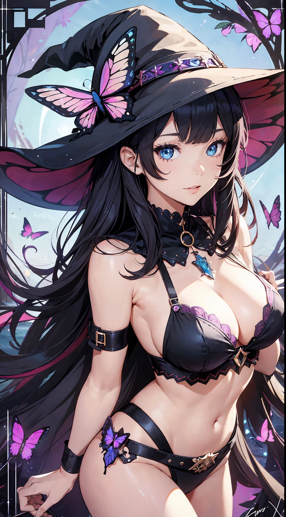 Butterfly, girl, bikini, upper body, witch hat, (detailed face shape: 1.2), (middle chest), (cleavage), (thigh belt), long hair, asymmetrical bangs, tarot frame, portrait centered, ( No weapons), (bouncing breasts), --auto --s2
