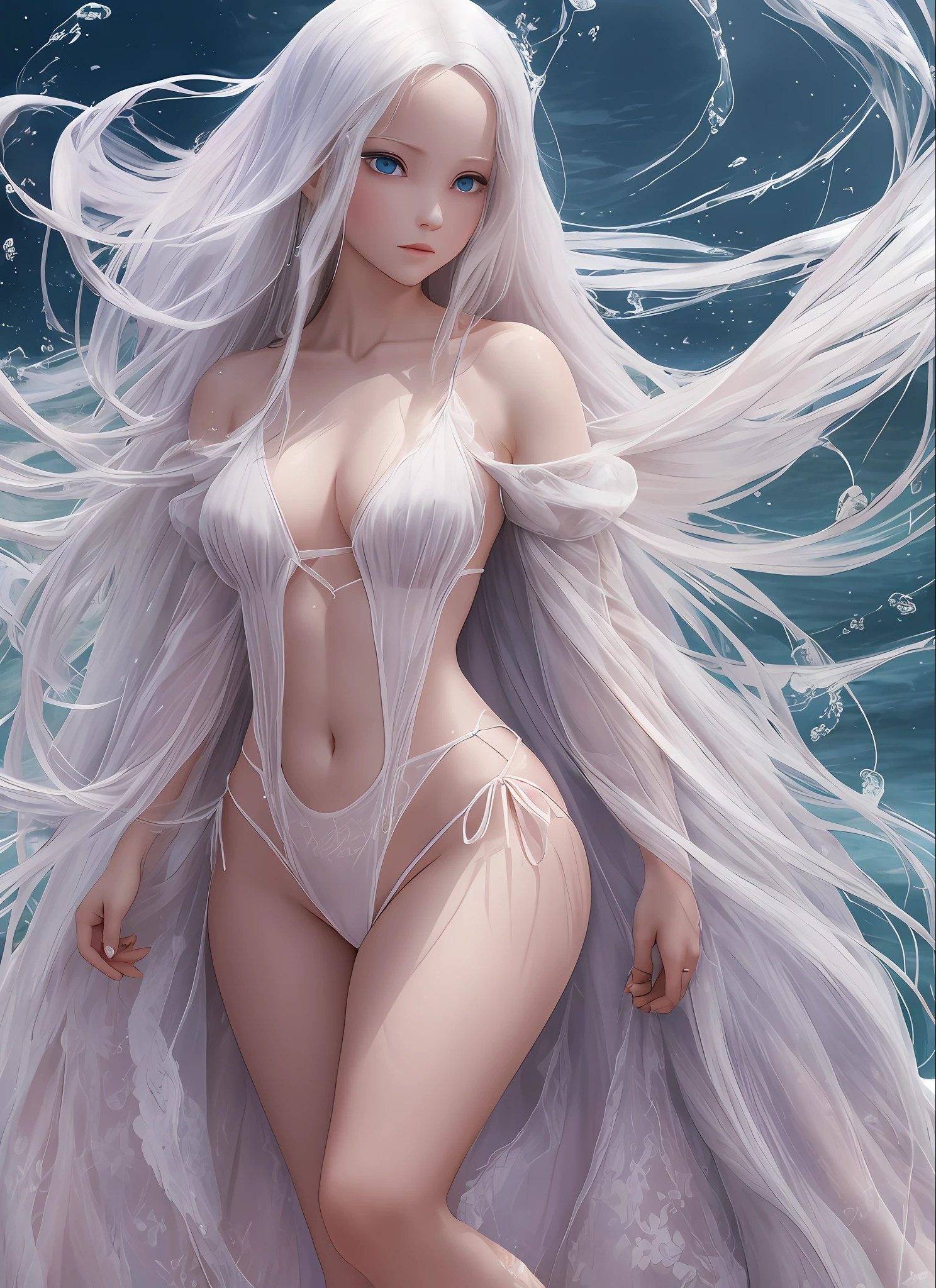 sfw,full shot, full detailed body, erotic masterpiece, Romantic mood, inch 18 old (((albino Rapunzel))) in a transparent tunic walks barefoot along the seashore on the left, a wave runs and sea foam dousing the girl's legs with a wave, detailed wet body and legs, wet skin, endomorph physique is elegant and delicate and beautiful girlish, chest small shape fox nose with medium protruding of pink color, a triangle of pubic hair and chest is visible through the fabric, lighting of the scene from the right behind the sun falls forming a rim light around the contours of the girl, in front of the reflected soft light illuminates the face and body forming a soft beautiful chiaroscuro, shot with Nikon Z9 II and Nikon NIKKOR Z 135mm f/2.8 VR telephoto lens, chiaroscuro, hyperrealism, brightness, 8k, best quality, UHD, masterpiece, super detail, best quality, Jose Villa style, fine art style, romantic erotic masterpiece --auto --s2