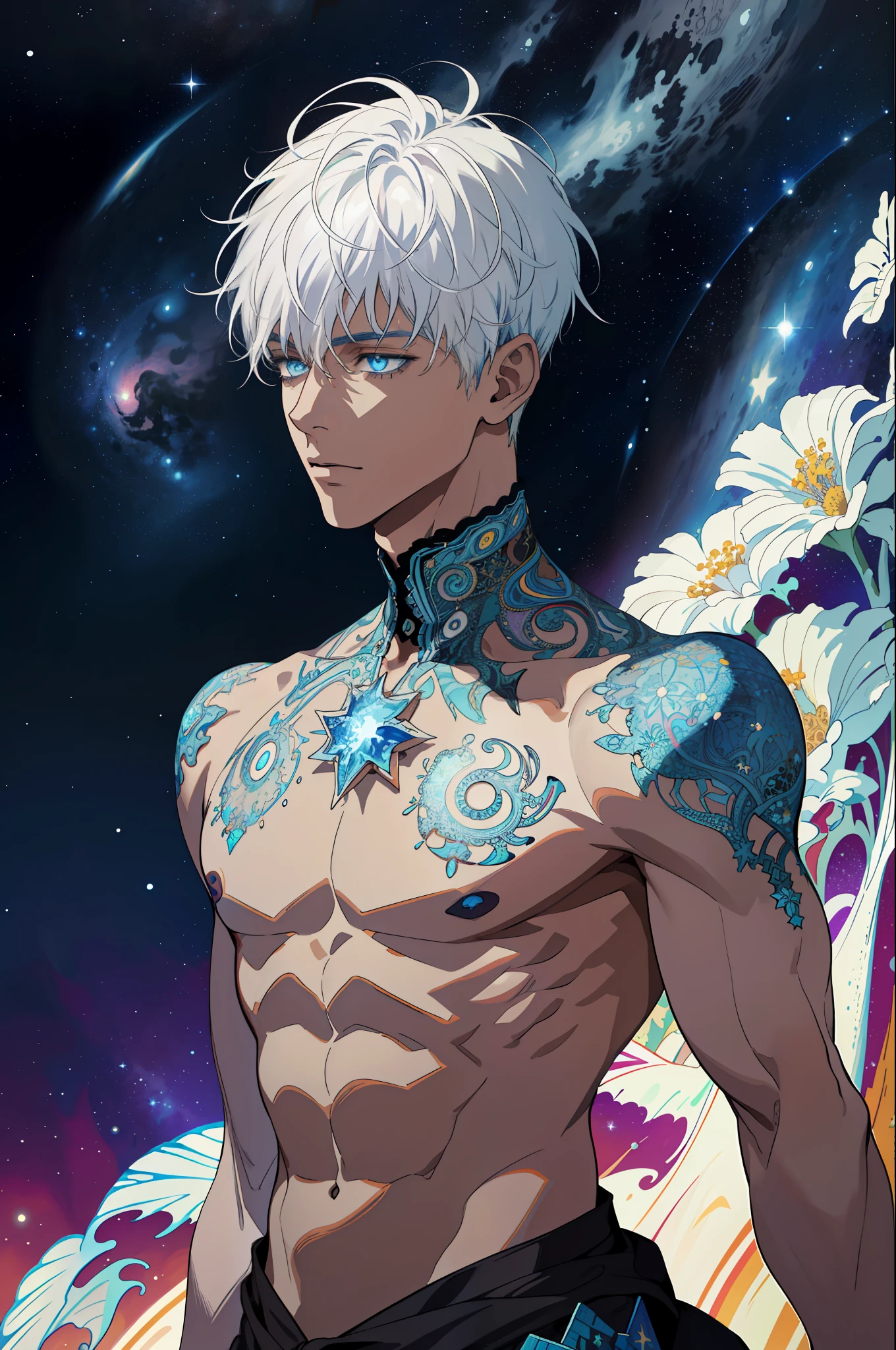 Realistic, (Masterpiece, Top Quality, Best Quality, Official Art, Beauty and Aesthetics: 1.2), Very Detailed, Fractal Art, Colorful, Most Detailed, Zentangle, (Abstract Background: 1.5) (1boy: 1.3), Black Skin, White Hair, Short Hair, (Glow Blue Eyes), Pectoral Muscles, Mysterious, Surrounded by Stars, (Magic)