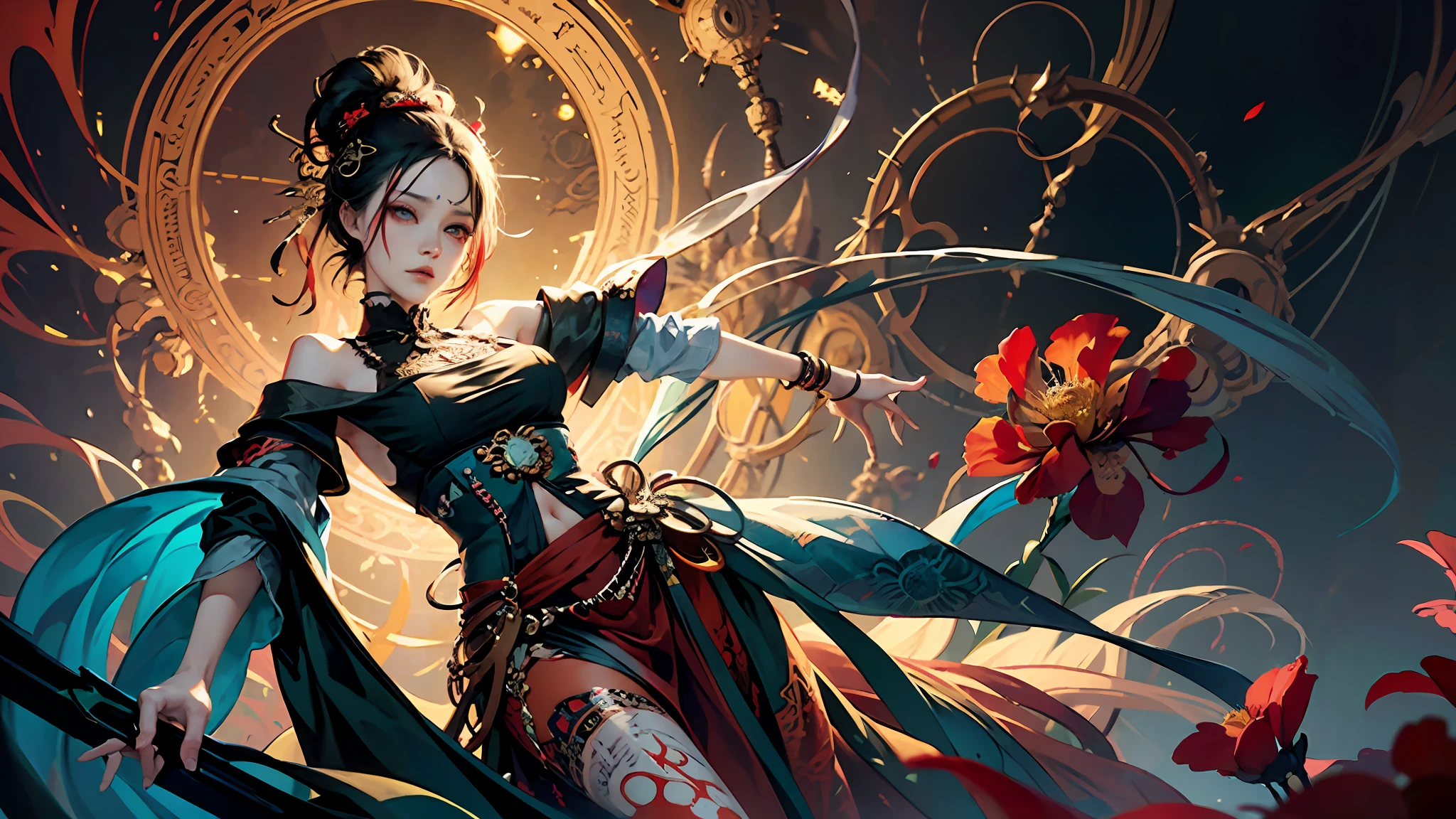 official art, unity 8k wallpaper, ultra detailed, beautiful and aesthetic, masterpiece, best quality, (zentangle, mandala, tangle, entangle), (fractal art:1.3) , 1girl, red flowers, extremely detailed, dynamic angle, cowboyshot, the most beautiful form of chaos, elegant, a brutalist designed, vivid colours, romanticism, by james jean, roby dwi antono, ross tran, francis bacon, michal mraz, adrian ghenie, petra cortright, gerhard richter, takato yamamoto, ashley wood, atmospheric