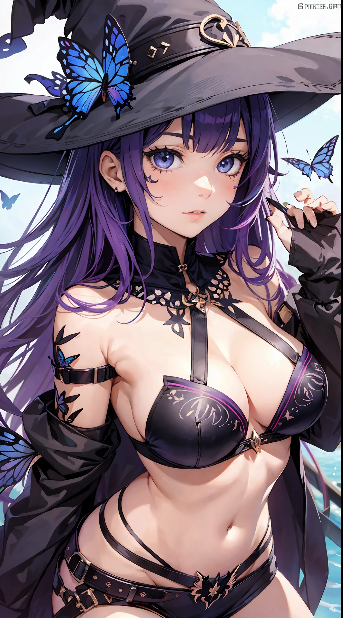 Butterfly, girl, bikini, upper body, witch hat, (detailed face shape: 1.2), (middle chest), (cleavage), (thigh belt), long hair, asymmetrical bangs, tarot frame, portrait centered, ( No weapons), (bouncing breasts), --auto --s2