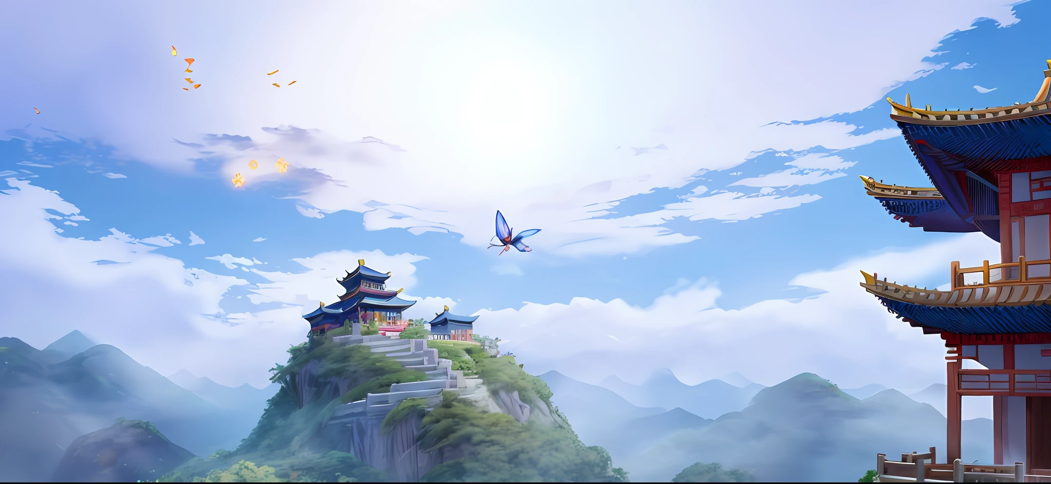 Sky, clouds, fairy qi fluttering, fairy online game, ancient Chinese building, sky pavilion, mountain, plant, moonlight, night, heavenly court,