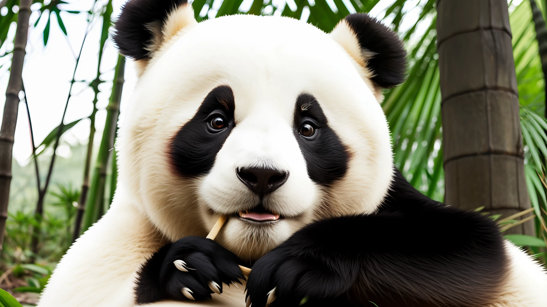 Photo of a panda eating bamboo in the forest (good composition), (in frame), margin arrangement, 8k, 4k, detail, attractive, beautiful, impressive, photorealistic, realistic, cinematic composition, volume lighting, high resolution, vivid, detailed, stunning, professional, realistic, clear, perfect, dslr, 4k, 8k, 16k, 1024, 2048, 4096, detailed, sharp, top qualityHigh quality, high resolution, absurdity, bokeh