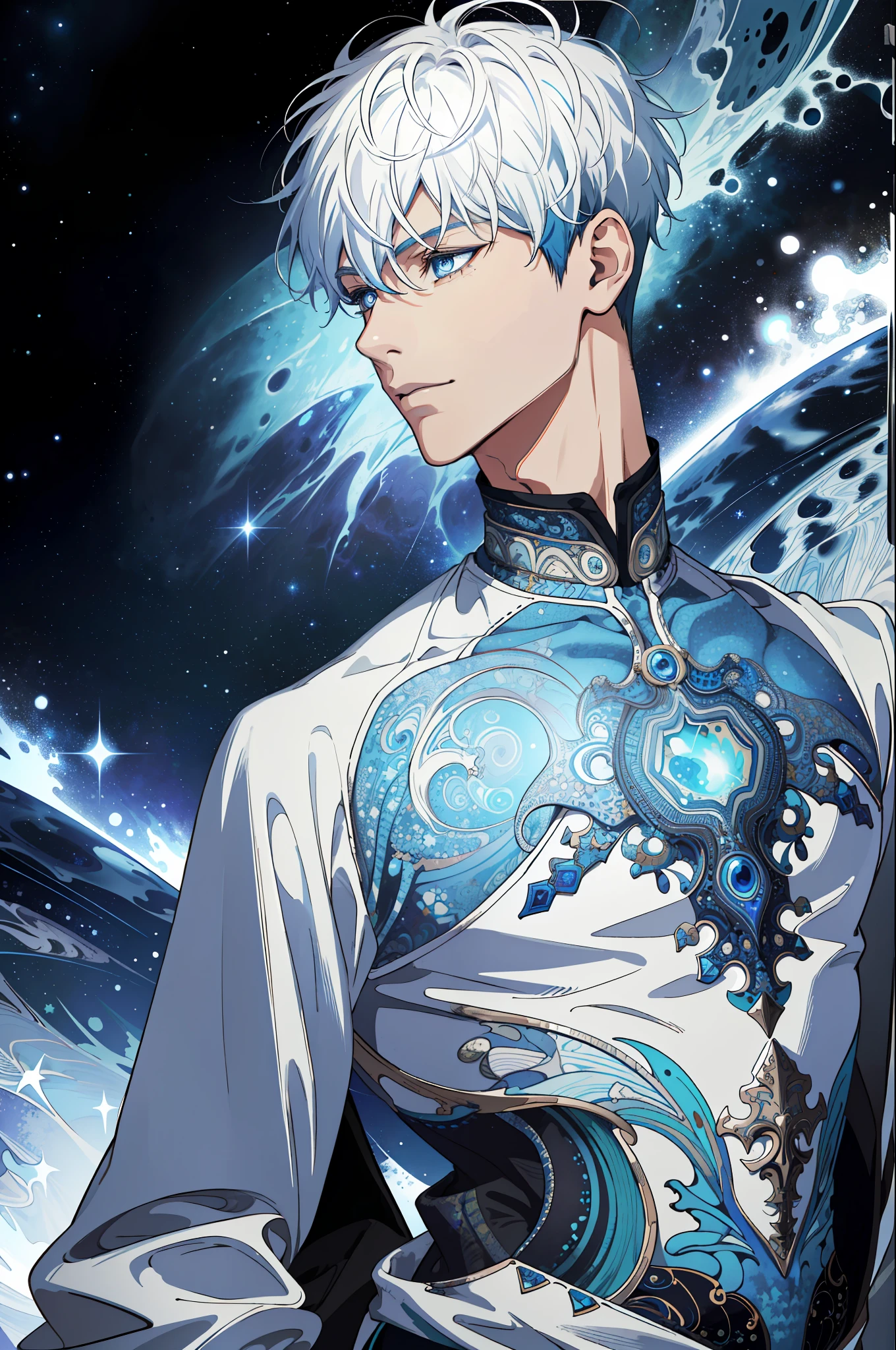 Realistic, (Masterpiece, Top Quality, Best Quality, Official Art, Beauty and Aesthetics: 1.2), Very Detailed, Fractal Art, Colorful, Most Detailed, Zentangle, (Abstract Background: 1.5) (1boy: 1.3), Black Skin, White Hair, Short Hair, (Glow Blue Eyes), Pectoral Muscles, Mysterious, Surrounded by Stars, (Magic)