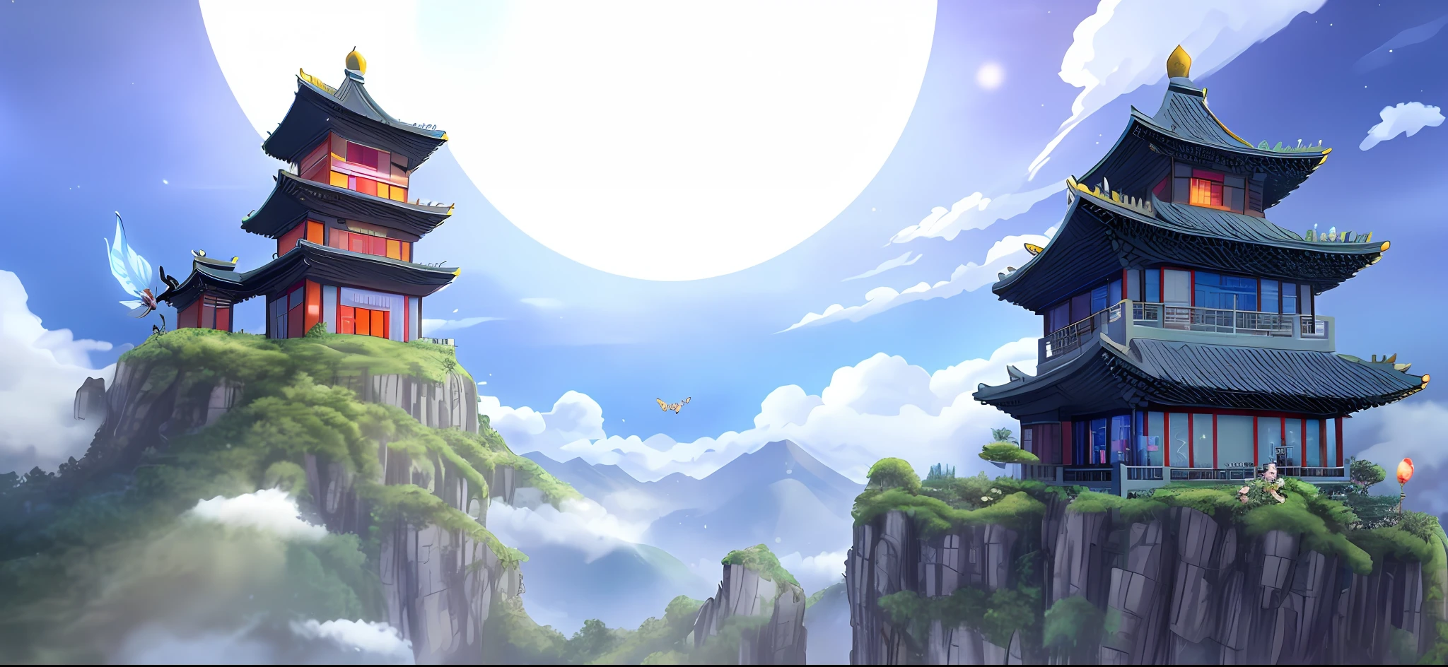 Sky, clouds, fairy qi fluttering, fairy online game, ancient Chinese building, sky pavilion, mountain, plant, moonlight, night, heavenly court,