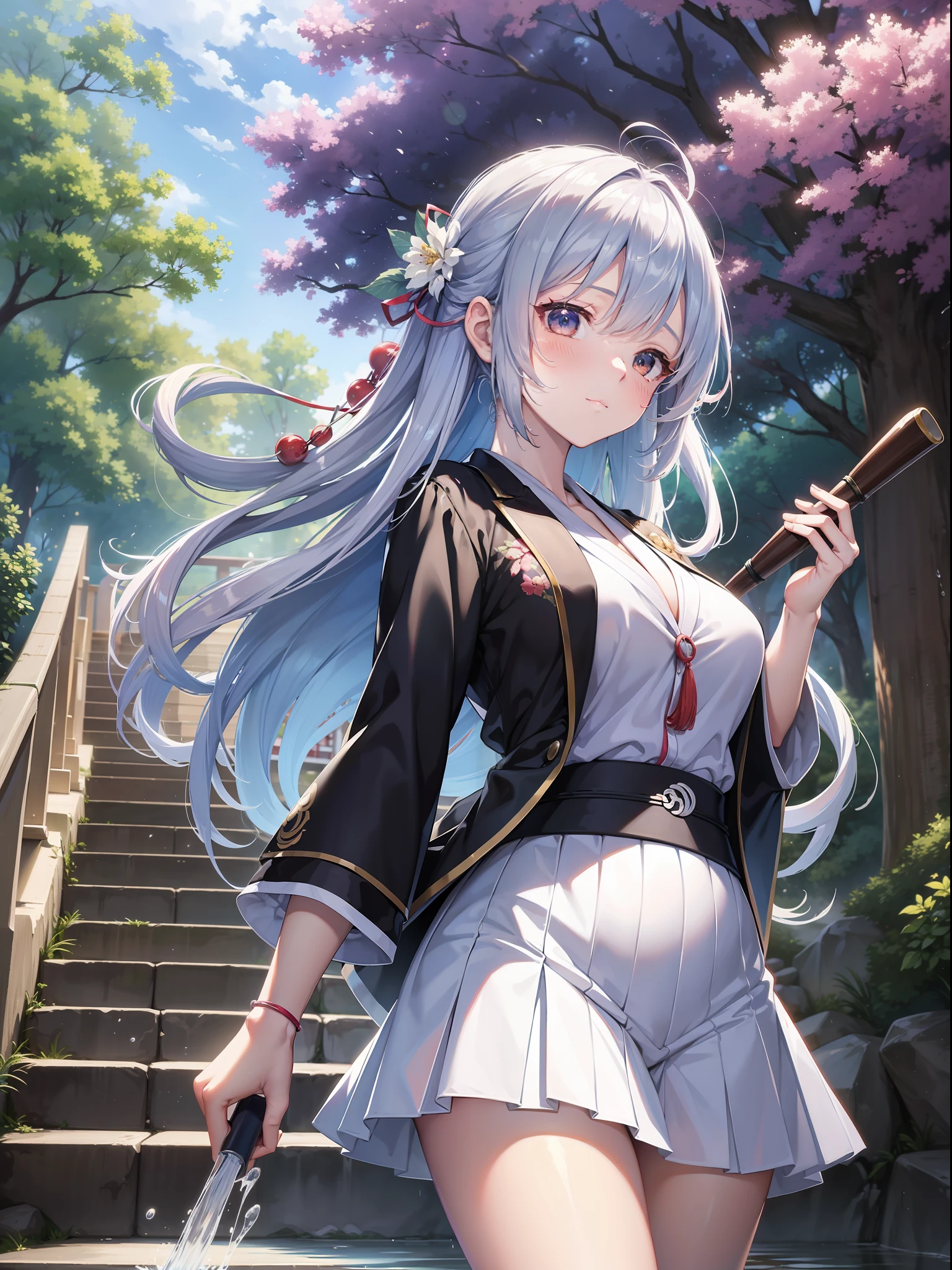 a beautiful female, walk on the stairs to the japanese shrine, looks back at the viewer, wearing suit shirt and skirt, after rainny, paddle of water, the cherry bolssom flutter from the top of the stairs, on the montain, long hair, gradient hair, blue hair, silver hair, black hair, first-person view, close-up, ray tracing, reflection light, anime style, masterpiece, high quality, anatomically correct, ccurate, super detail, UHD, HD
