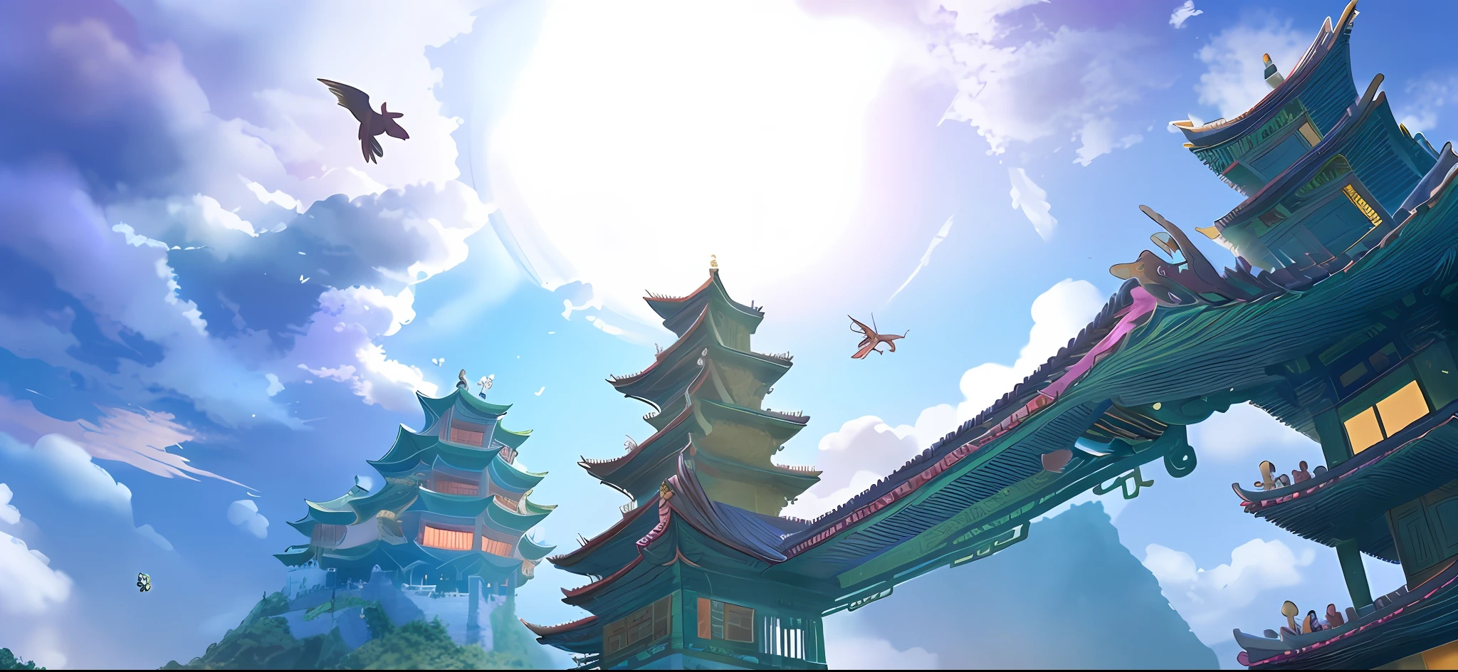 Sky, clouds, fairy qi fluttering, fairy online game, ancient Chinese building, sky pavilion, mountain, plant, moonlight, night, heavenly court,