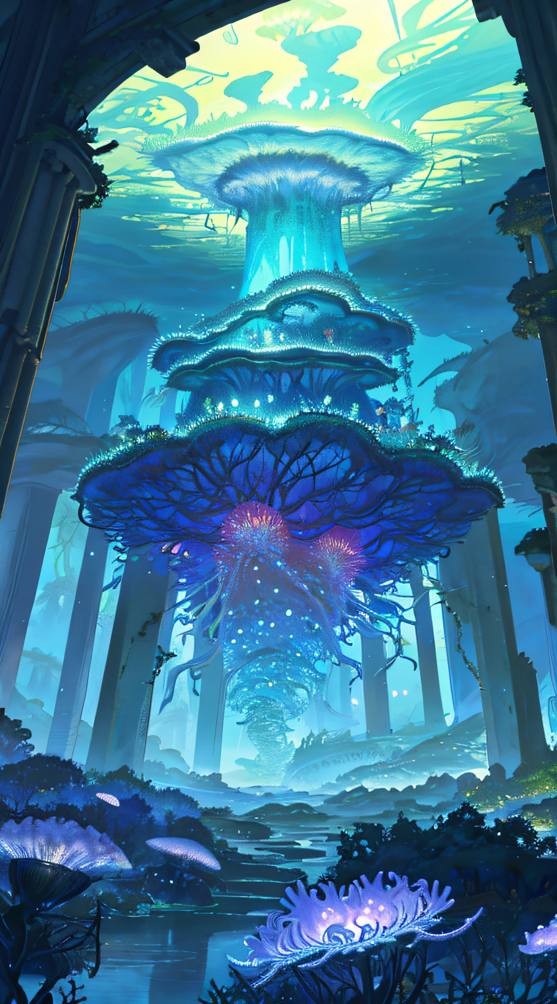 Masterpiece, High Quality, Ocean Forest, City, Fantastic Fantasy, Glowing Plants, Coral Viaduct, (Swarm of Glowing Jellyfish), (Shoal of Fish with Transparent Wings Flying in the Sky), Misty, Extreme Detail, Morning Light, Epic Composition, (Intricate Detail), (Intricate Design, Ultra Detail: 1.2), Art Station, (Masterpiece, Best Quality), Ultra HD, 32k ,castle,relic ,(Underworld),Underground --v 6