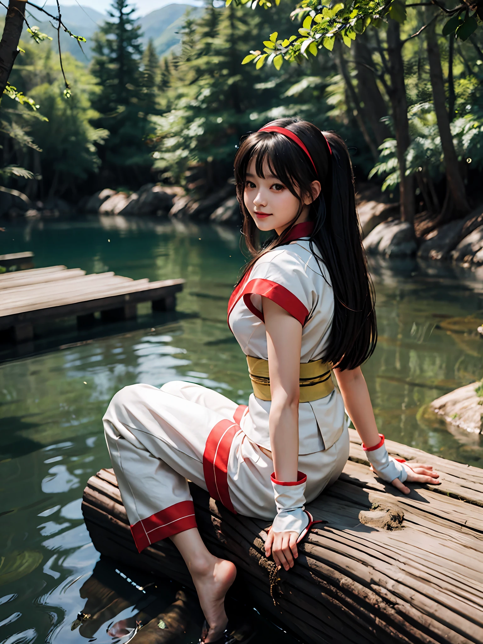 masterpiece, Best quality,1girl, sitting on a log, lake under a log, red bow, bow, long hair, hair bow, Ainu clothing, solo, hair band, bird, black hair, fingerless gloves, short sleeves, gloves, sash, pants, bangs, red hair band, weapon, chest, brown eyes, white pants, barefoot, toes, kimono, nakoruru, light smile, official art, from the front, from the bottom, (foot focus), ( Dynamic Angle), Nature Background, Samurai, Onmyoji Style, High Resolution, Dramatic Lighting and Shadows, Sun Flare, Blurred Foreground