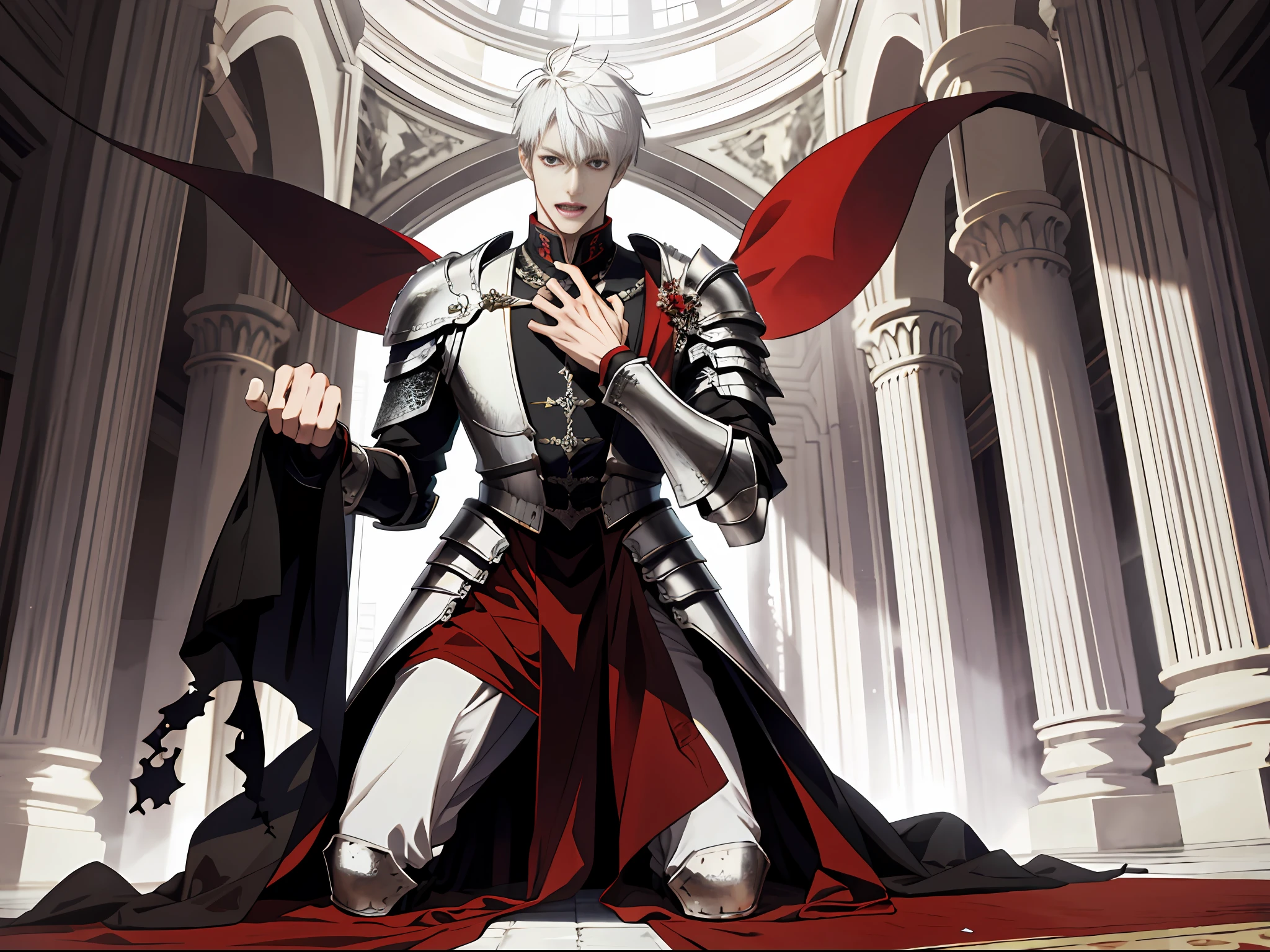 (absurd, high resolution,), full body, 1 male, adult, tall, in armor, red eyes, evil charm, short white back hair, in the palace, (surprised), open mouth, (kneeling on one knee), fear
