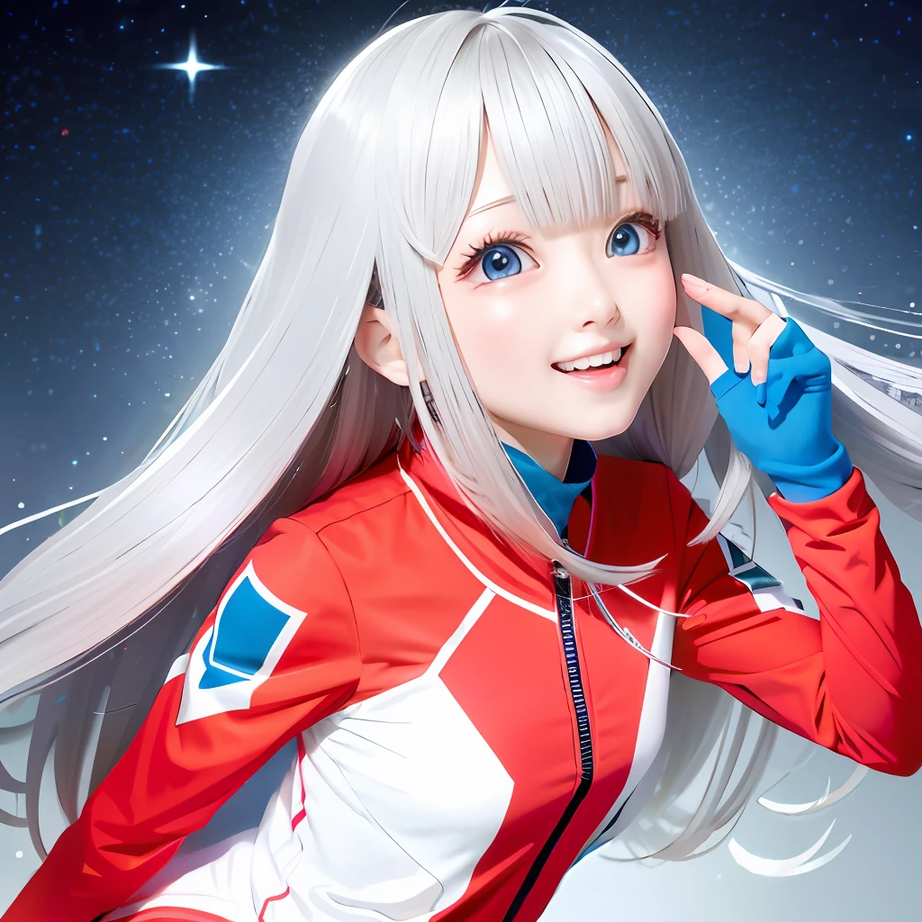 Long-haired beauty, wearing Ultraman's uniform, the action of taking off the mask, cute expression, bright light