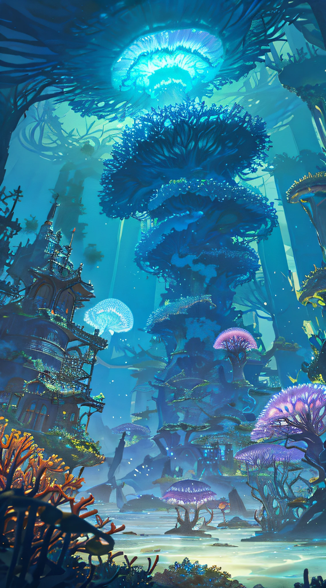 Masterpiece, High Quality, Ocean Forest, City, Fantastic Fantasy, Glowing Plants, Coral Viaduct, (Swarm of Glowing Jellyfish), (Shoal of Fish with Transparent Wings Flying in the Sky), Misty, Extreme Detail, Morning Light, Epic Composition, (Intricate Detail), (Intricate Design, Ultra Detail: 1.2), Art Station, (Masterpiece, Best Quality), Ultra HD, 32k ,castle,relic ,(Underworld),Underground --v 6