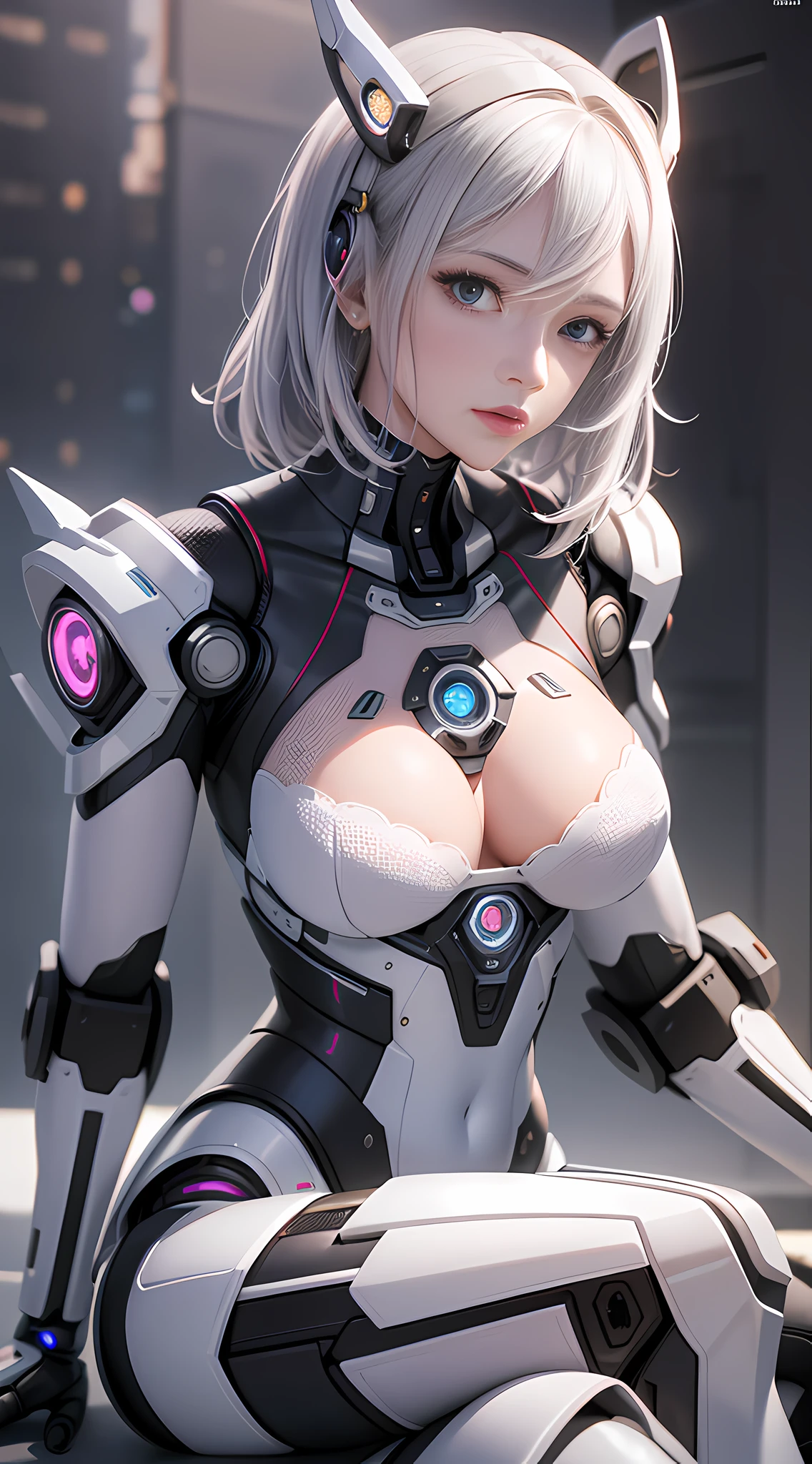 Realism, a woman in white lace (lace, full robot suit: 1.55) (sitting table: 1.5) (body turn to viewer: 1.2), (head to left: 1.8), (cross legs: 1.4), gray hair, cyborg, robot parts, beautiful and detailed body and face, sakimichan hdri, amouranth, beautiful and detailed orixa, 2049, chiaki nanami, african futuristic, made in maya, sam yang, 2070, cyborg, robot part, 150mm, beautiful studio soft light, edge light, vibrant details, luxurious cyberpunk, lace, surrealism, anatomy, facial muscles, cable wire, microchip, elegant, beautiful background, octane rendering, 8k, best quality, masterpiece, illustration, very refined and beautiful, very detailed, CG, unified, wallpaper, (realistic, Realism: 1.37), stunning, fine details, masterpiece, best quality, official art, very detailed CG unified 8k wallpaper, ridiculous, incredibly ridiculous, robot, silver helmet, (full body: 1.4), sitting, (nsfw: 1.2),