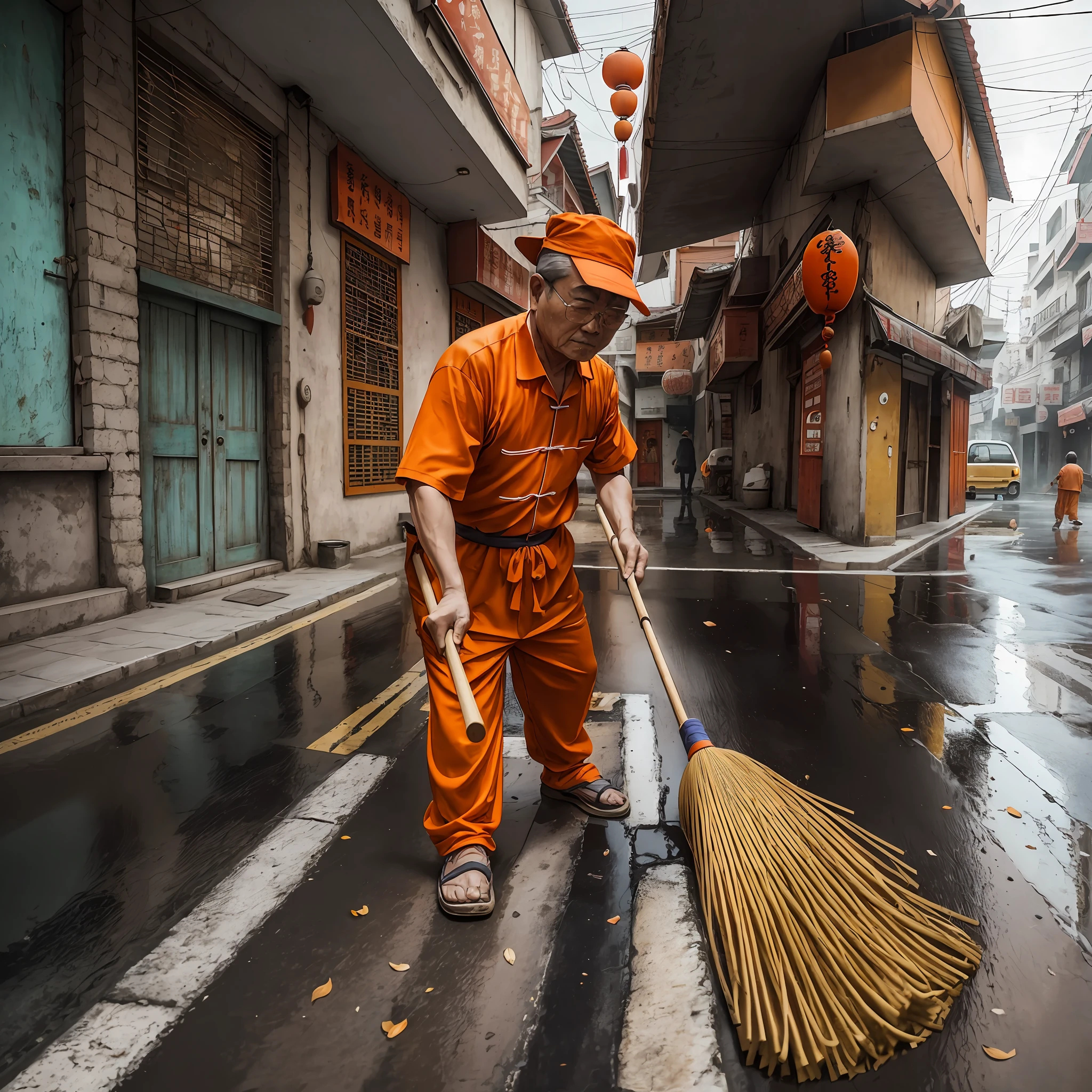 Photography, a middle-aged Chinese uncle, holding a broom, wearing orange clothes, sweeping the floor, street, Chinese street view, highway, sidewalk, real image, ultra-wide angle --s3 --auto