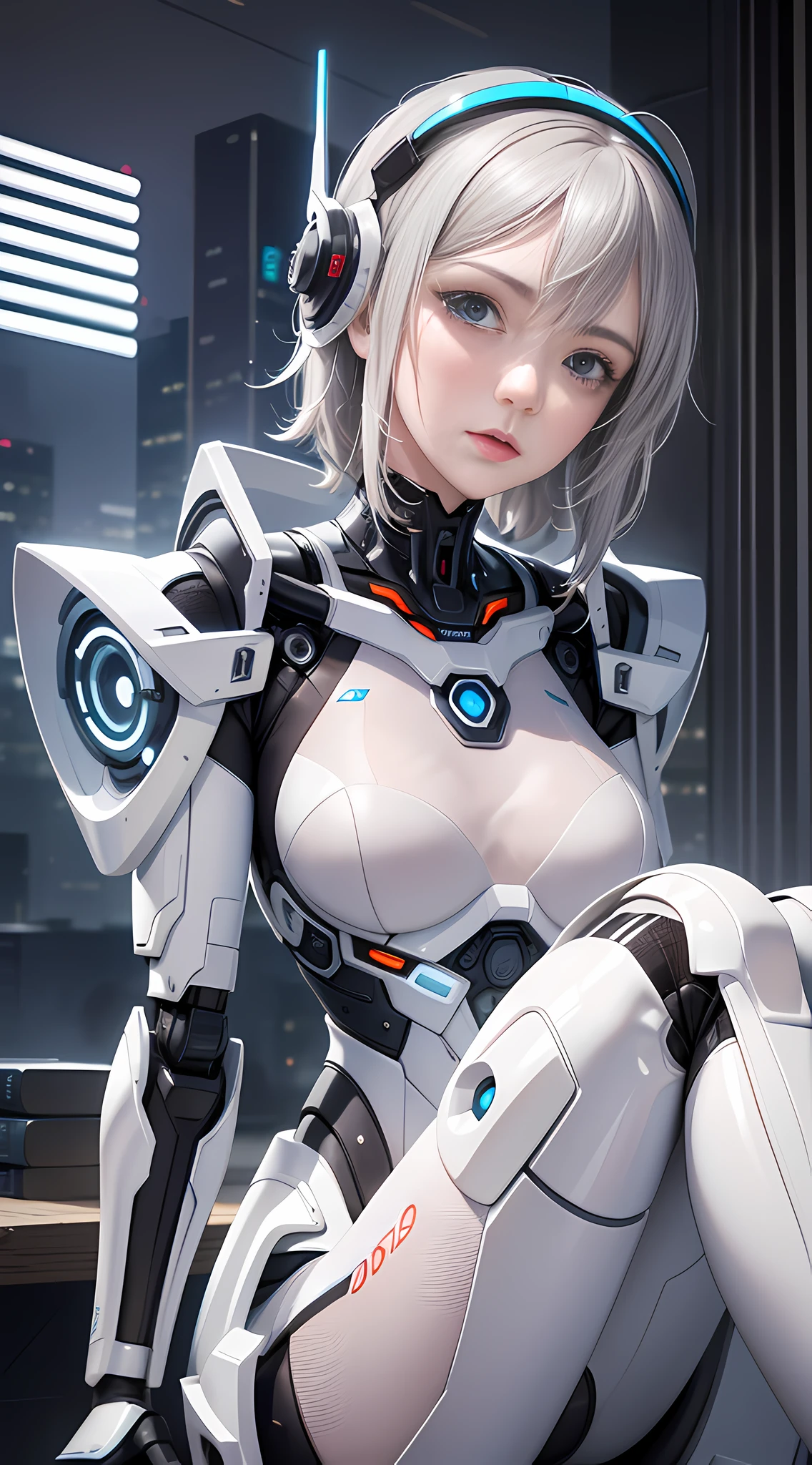 Realism, a woman in white lace (lace, full robot suit: 1.55) (sitting table: 1.5) (body turn to viewer: 1.2), (head to left: 1.8), (cross legs: 1.4), gray hair, cyborg, robot parts, beautiful and detailed body and face, sakimichan hdri, amouranth, beautiful and detailed orixa, 2049, chiaki nanami, african futuristic, made in maya, sam yang, 2070, cyborg, robot part, 150mm, beautiful studio soft light, edge light, vibrant details, luxurious cyberpunk, lace, surrealism, anatomy, facial muscles, cable wire, microchip, elegant, beautiful background, octane rendering, 8k, best quality, masterpiece, illustration, very refined and beautiful, very detailed, CG, unified, wallpaper, (realistic, Realism: 1.37), stunning, fine details, masterpiece, best quality, official art, very detailed CG unified 8k wallpaper, ridiculous, incredibly ridiculous, robot, silver helmet, (full body: 1.4), sitting, (nsfw: 1.2),