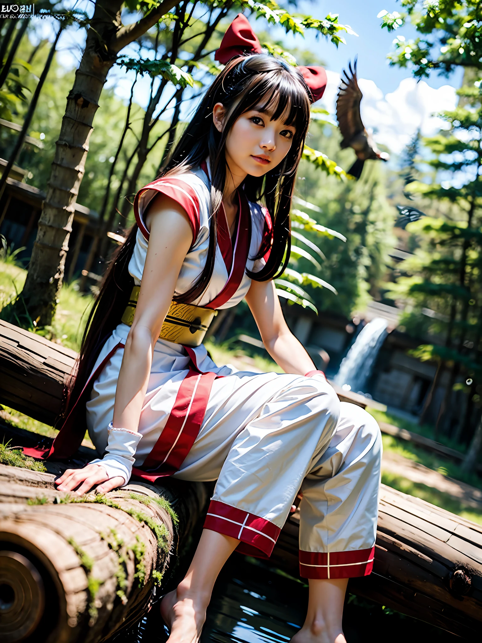 masterpiece, Best quality,1girl, sitting on a log, lake under a log, red bow, bow, long hair, hair bow, Ainu clothing, solo, hair band, bird, black hair, fingerless gloves, short sleeves, gloves, sash, pants, bangs, red hair band, weapon, chest, brown eyes, white pants, barefoot, toes, kimono, nakoruru, light smile, official art, from the front, from the bottom, (foot focus), ( Dynamic Angle), Nature Background, Samurai, Onmyoji Style, High Resolution, Dramatic Lighting and Shadows, Sun Flare, Blurred Foreground