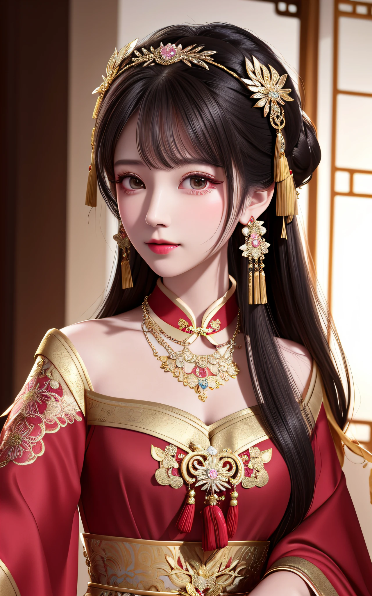 Best Quality, Masterpiece, High Resolution, 1girl, Chinese Wedding Dress, Hair Accessories, Necklaces, Jewelry, Beautiful Face, upon_body, Tyndall Effect, Realistic, Dark Studio, Edge Lighting, Two-tone Lighting, (High Detail Skin: 1.2), 8k UHD, DSLR Camera, Soft Lighting, High Quality, Volume Lighting, Frank, Photo, High Resolution, 4K, 8K, Bokeh, A Dress with Big Sleeves in Red, Chinese Costume Beauty, Black Hair and Black Eyes, Straight Features, The skin is white and tender, the expression is gentle, and he looks into the distance. Her hair was coiled in a bun, her head was decorated with elaborate hair ornaments, and her sides were tied with taupe gold silk hairbands that hung down and had bead tassels at the ends. The whole standing painting presents a 2.5-dimensional style, with smooth lines, clear contours, and full shapes, showing the grace and nobility of this ancient beauty
