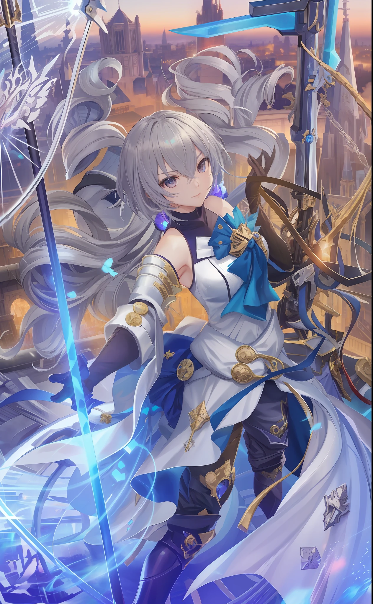 Anime girl with sword and armor in city background, detailed key anime art, shadow universe style, kusart krentz key art female, azure fantasy, high detail official artwork, ayaka genshin impact, genshin impact clear, key anime art, clear rpg portrait, complete art,