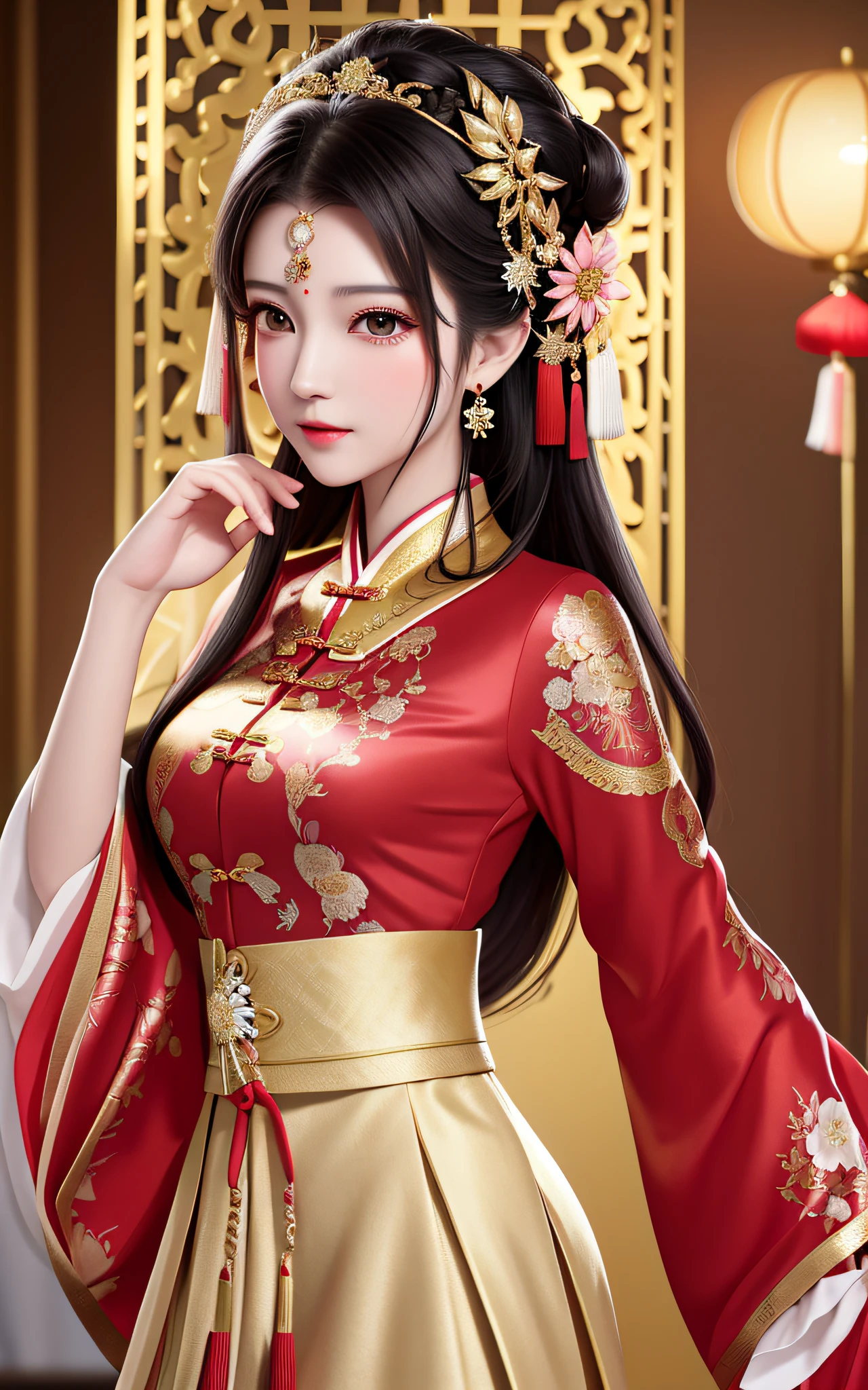 Best Quality, Masterpiece, High Resolution, 1girl, Chinese Wedding Dress, Hair Accessories, Necklaces, Jewelry, Beautiful Face, upon_body, Tyndall Effect, Realistic, Dark Studio, Edge Lighting, Two-tone Lighting, (High Detail Skin: 1.2), 8k UHD, DSLR Camera, Soft Lighting, High Quality, Volume Lighting, Frank, Photo, High Resolution, 4K, 8K, Bokeh, A Dress with Big Sleeves in Red, Chinese Costume Beauty, Black Hair and Black Eyes, Straight Features, The skin is white and tender, the expression is gentle, and he looks into the distance. Her hair was coiled in a bun, her head was decorated with elaborate hair ornaments, and her sides were tied with taupe gold silk hairbands that hung down and had bead tassels at the ends. The whole standing painting presents a 2.5-dimensional style, with smooth lines, clear contours, and full shapes, showing the grace and nobility of this ancient beauty