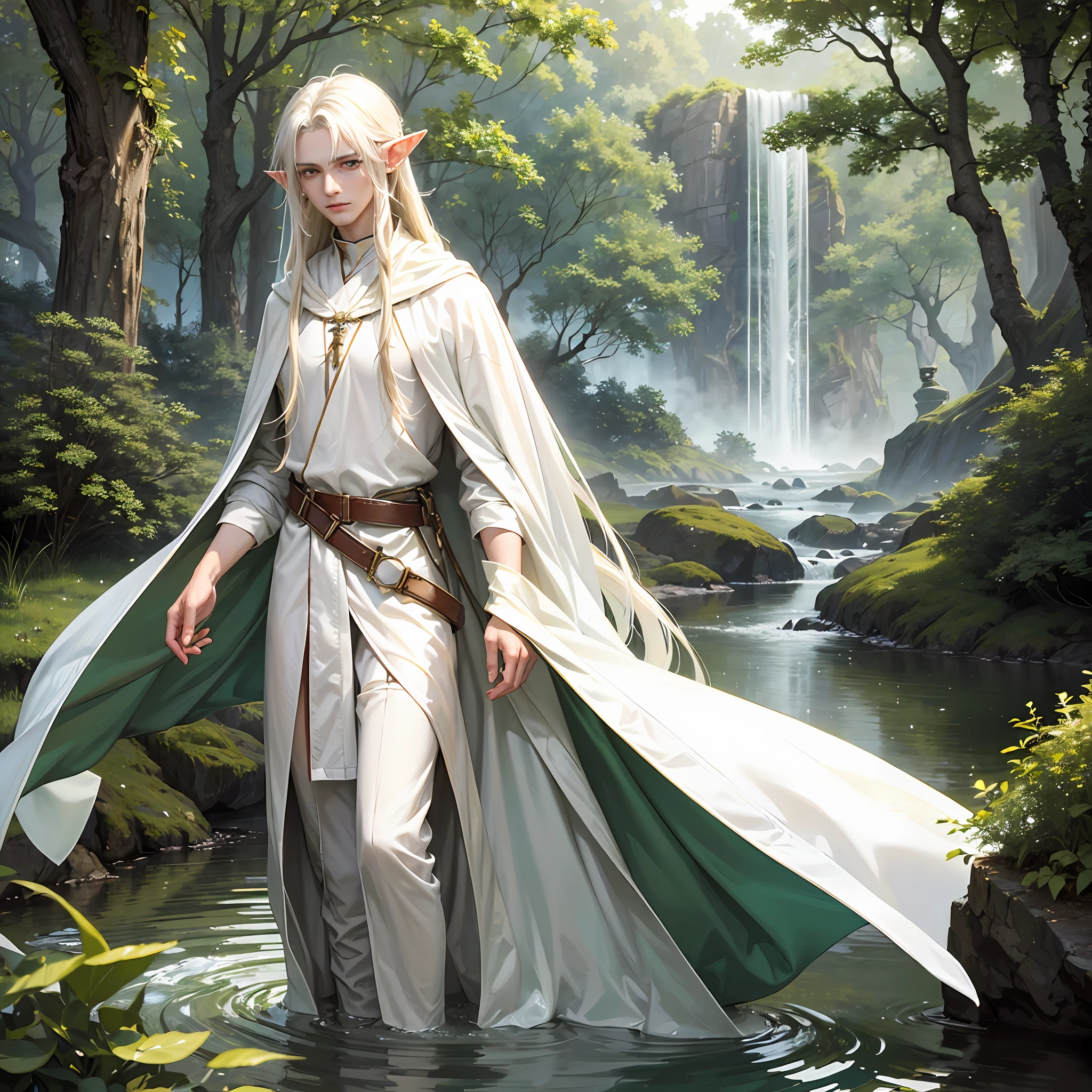 (Best Quality, Masterpiece), (Fine, CG) (1boy, tall and thin, woods stream, single, white robe, elf long ears, white head long hair, green eyes, straight eyes)