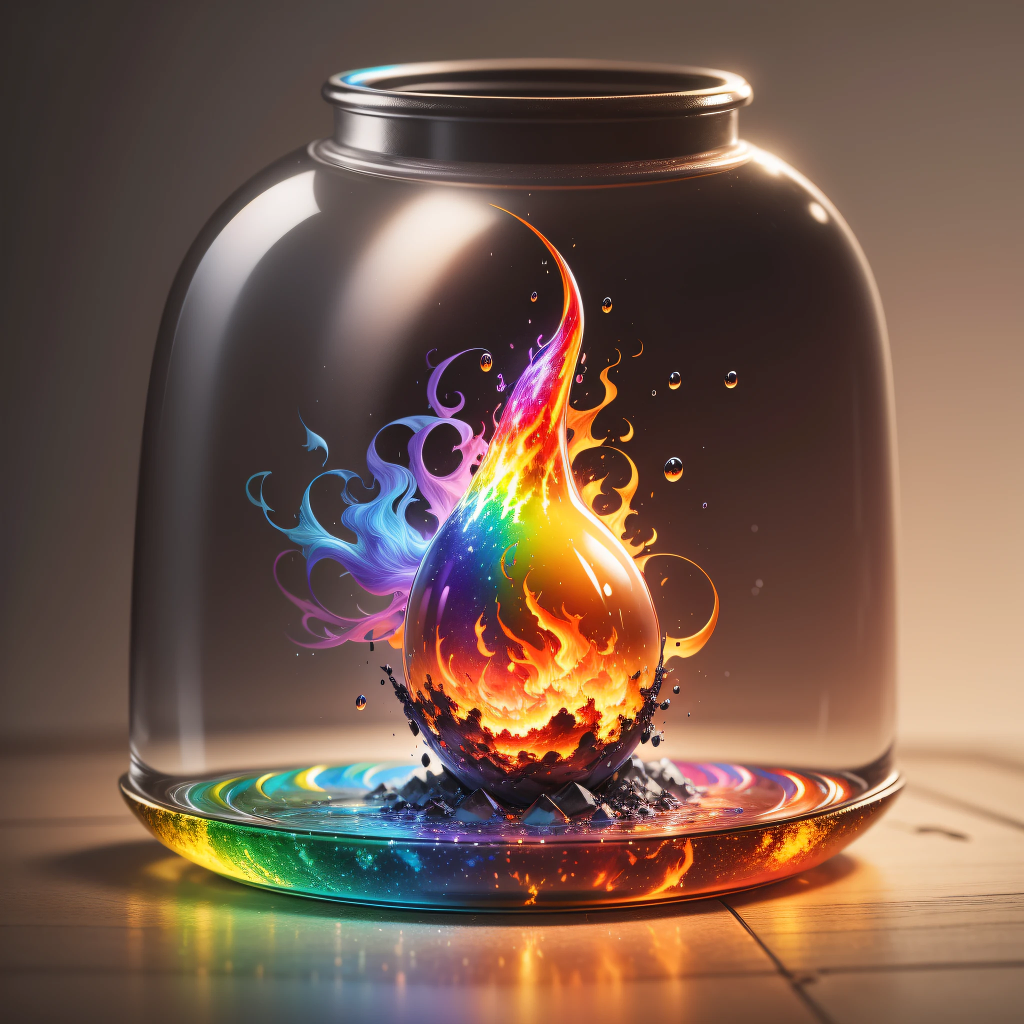 An extraordinary masterpiece that captures the essence of a rainbow flame imprisoned in a seemingly ordinary glass bottle. Rendered in breathtaking 8k resolution, this piece is highly detailed, showcasing impeccable quality that truly sets it apart.
