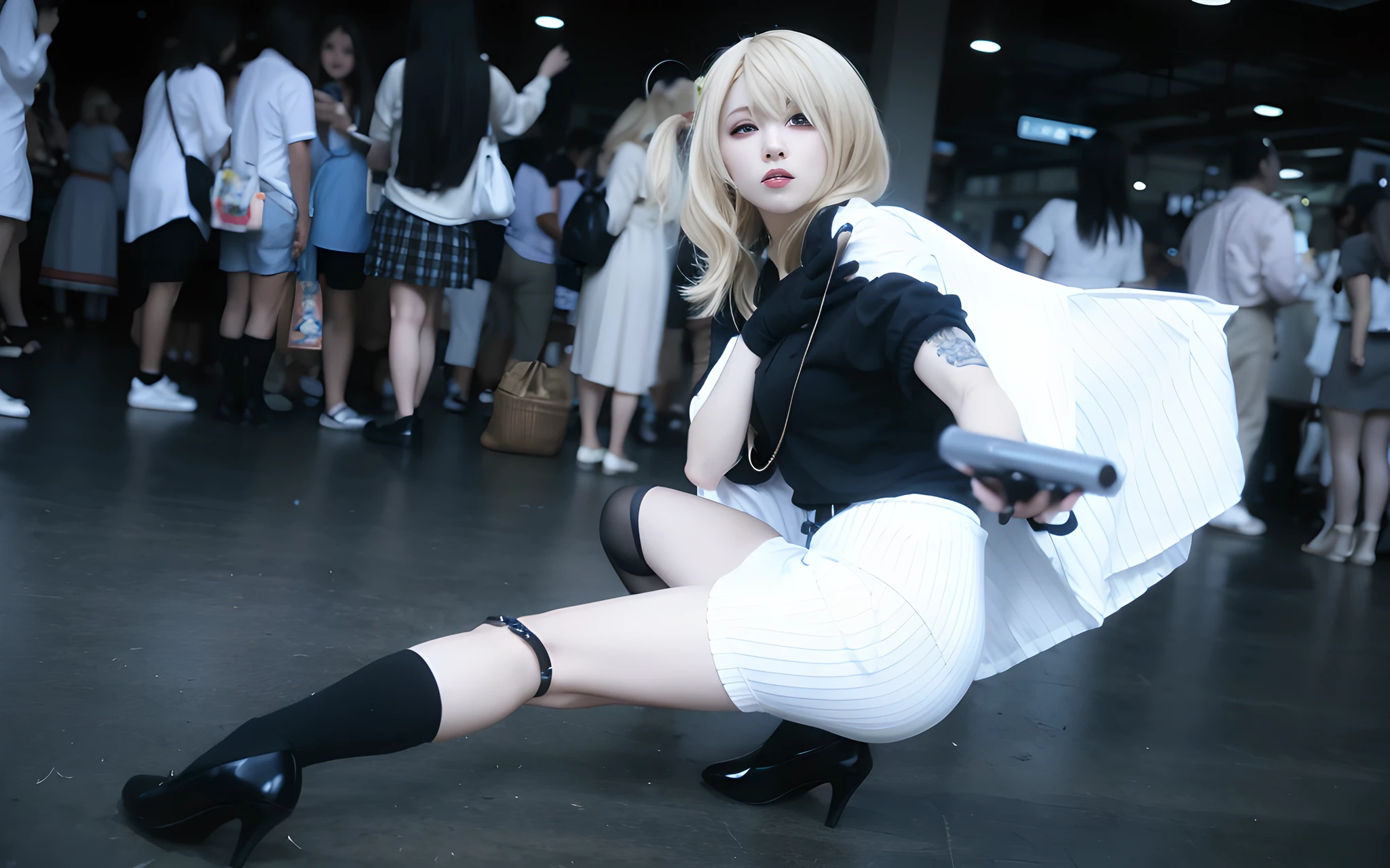blond haired woman in short skirt and black top sitting on floor, misa amane *, misa amane, ( ( misa amane # ) ), anime girl cosplay, anime cosplay, professional cosplay, cosplayer, 2 b, 2b, the anime girl is crouching, cosplay, anime style mixed with fujifilm, cosplay photo, ayaka cosplay