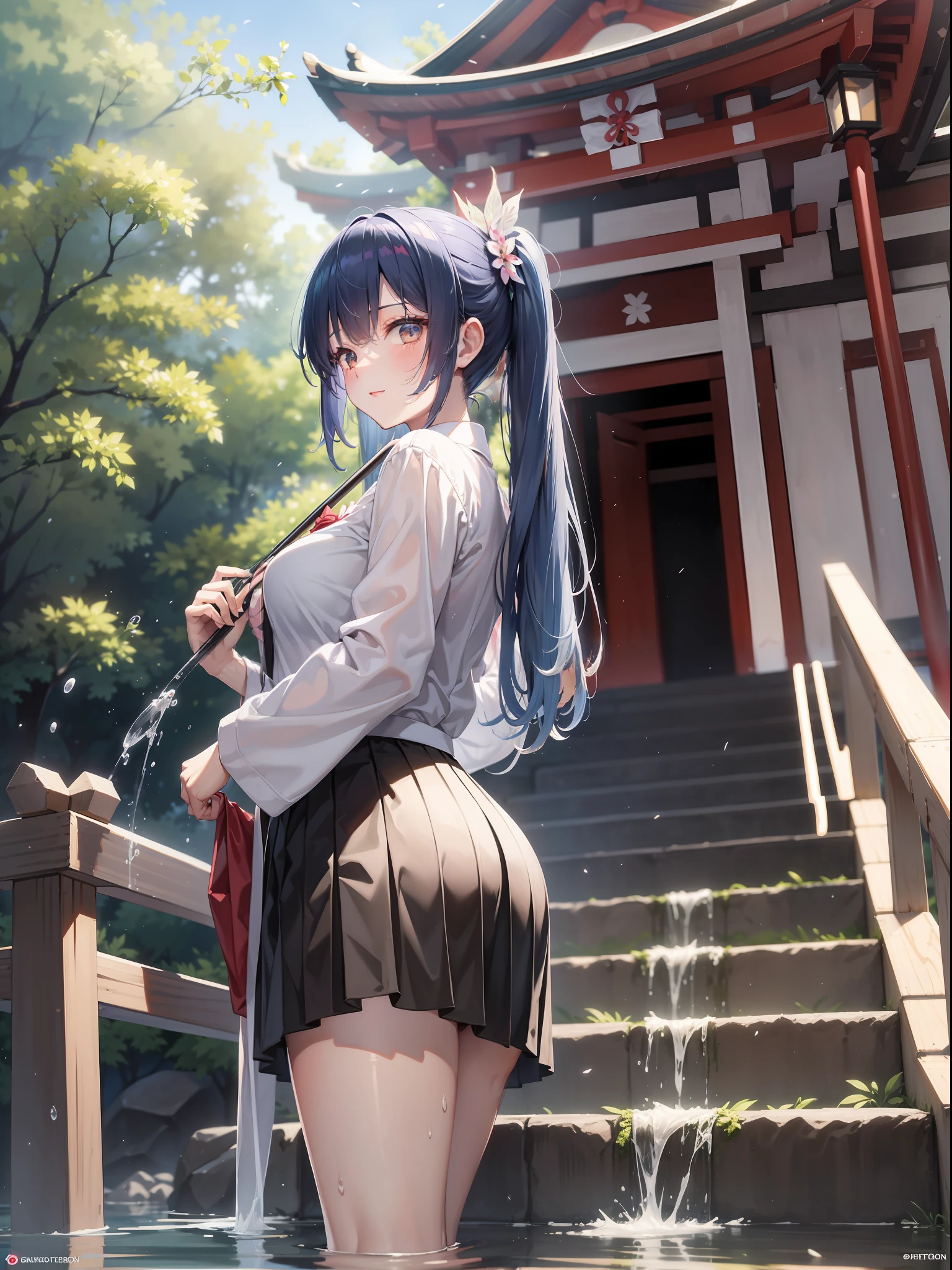 a beautiful female, stand on the stairs to the japanese shrine withbare hands, looks back at the viewer, wearing suit shirt and skirt, after rainny, paddle of water, the cherry bolssom flutter from the top of the stairs, on the montain, long hair, gradient hair, blue hair, silver hair, black hair, first-person view, close-up, ray tracing, reflection light, masterpiece, high quality, anatomically correct, ccurate, super detail, UHD, HD